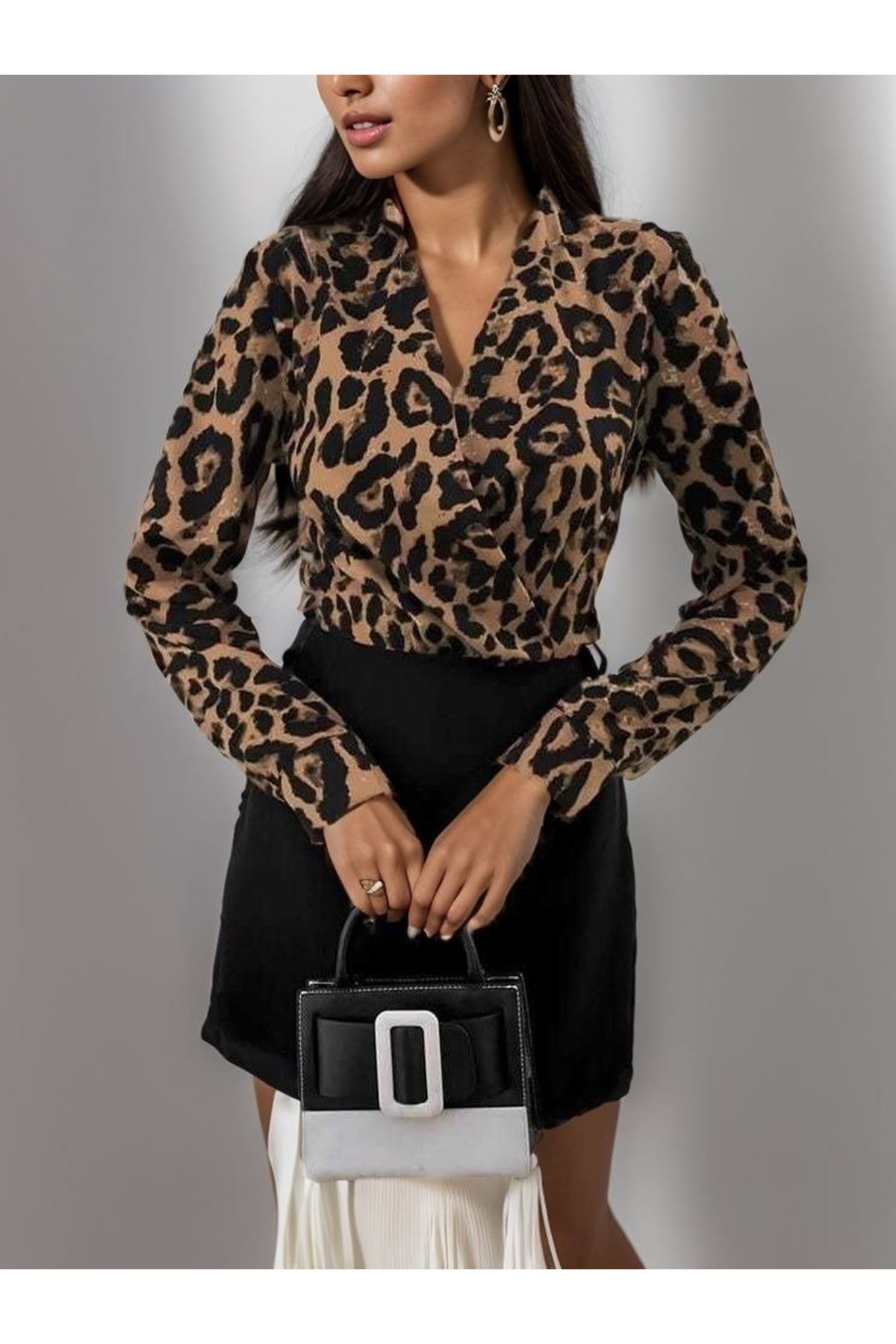 Kadın Uzun Kollu Kruvaze Yaka Krep Mini Boy Elbise