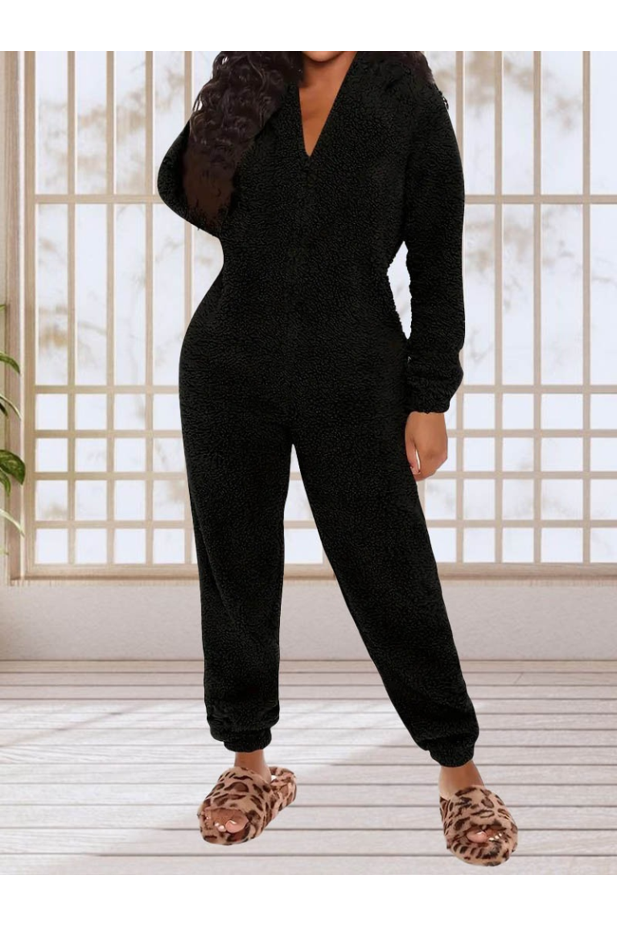 Kadın Uzun Kollu Kapüşonlu Tavşan Kulak Detaylı Peluş Tulum