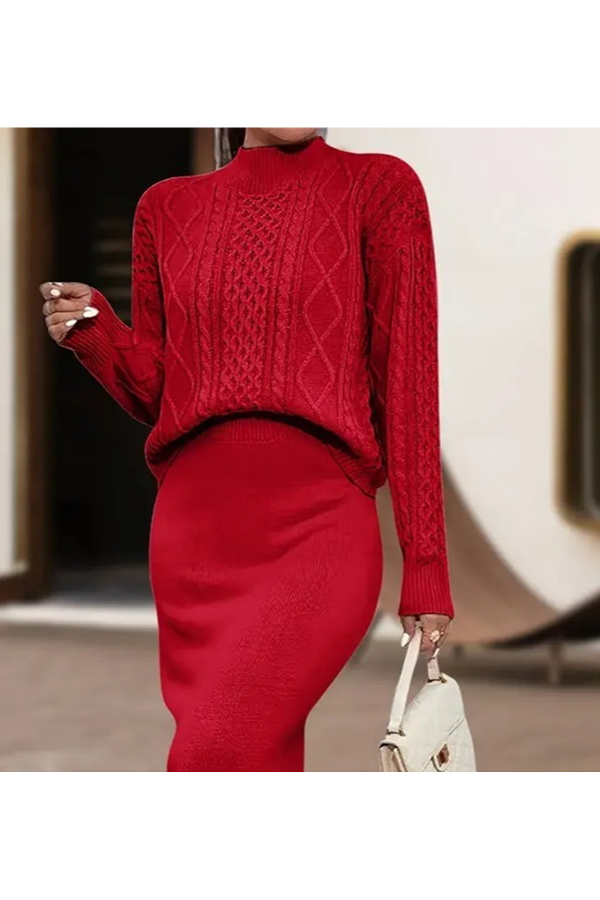 Kadın Uzun Kollu Balıkçı Yaka Bluz Ve Etek Ikili Triko Takım