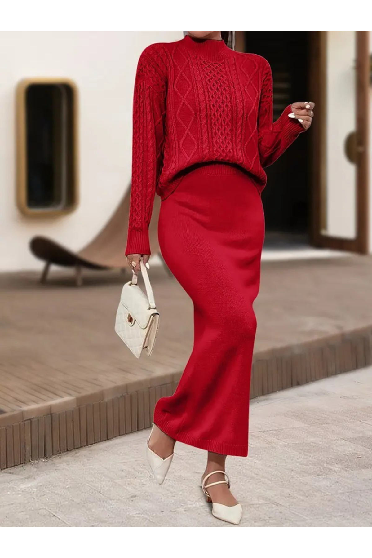 Kadın Uzun Kollu Balıkçı Yaka Bluz Ve Etek Ikili Triko Takım