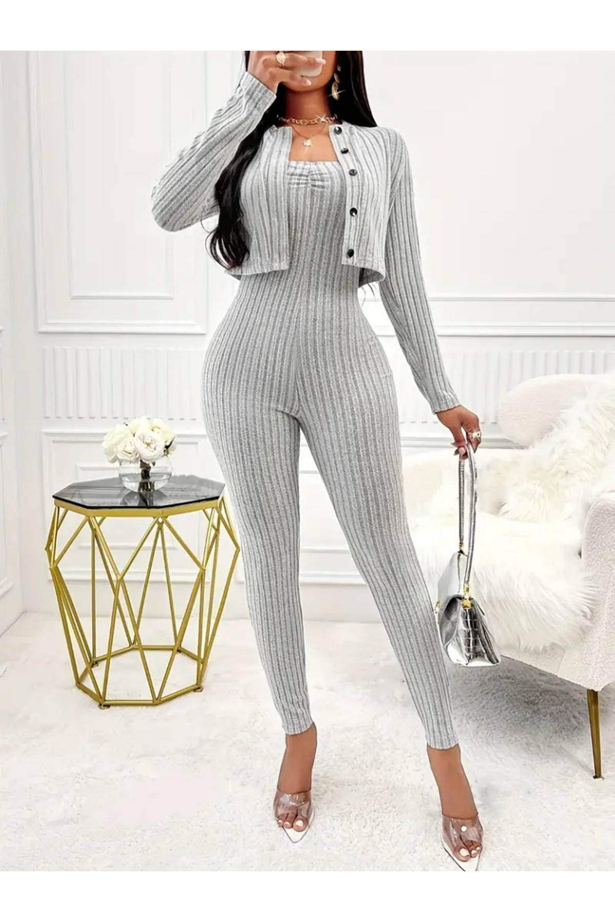 Kadın Uzun Kollu şardonlu Kaşkorse Straplez Ile Kısa önden Düğmeli Ceket Ikili Takım