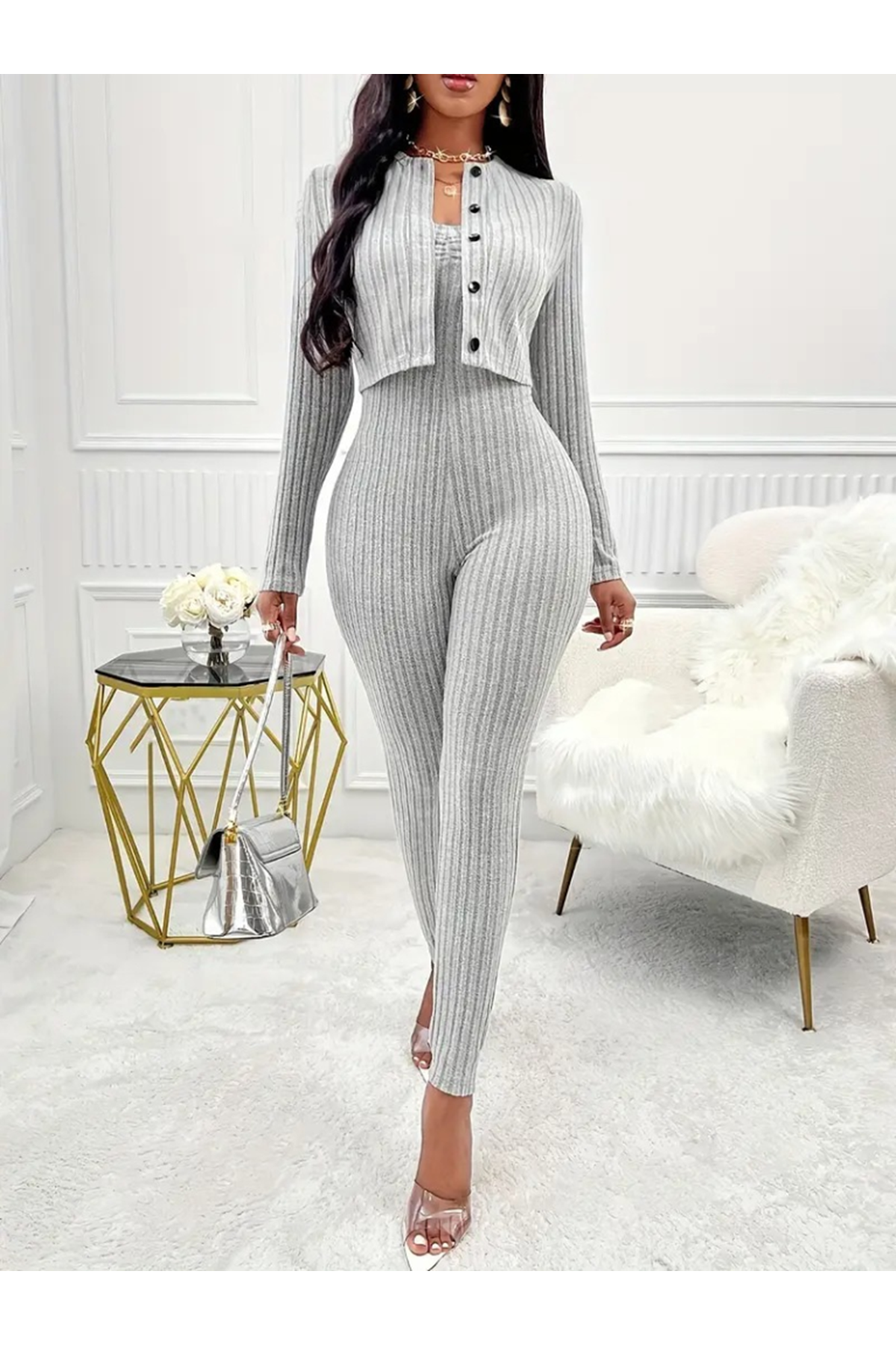 Kadın Uzun Kollu şardonlu Kaşkorse Straplez Ile Kısa önden Düğmeli Ceket Ikili Takım