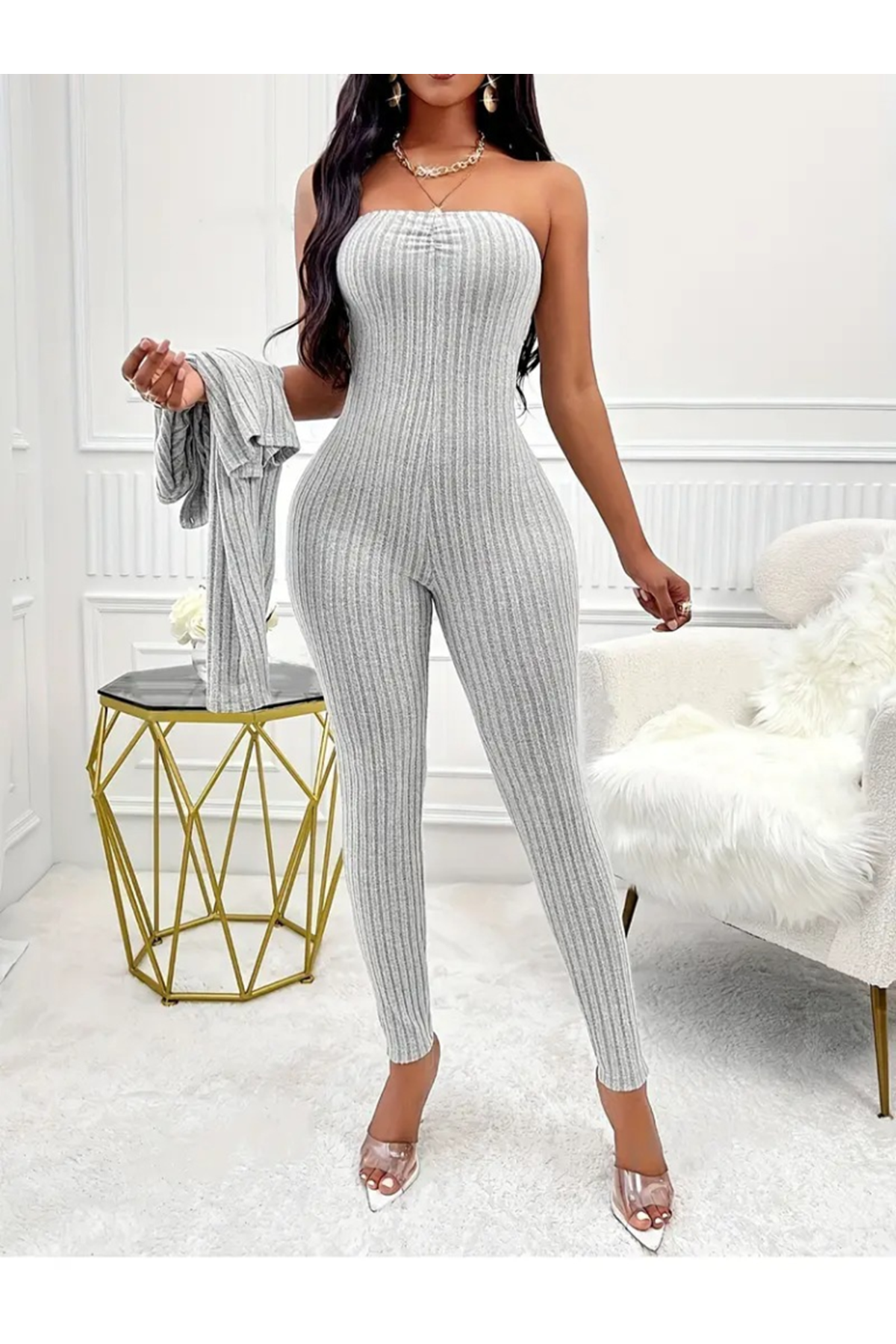 Kadın Uzun Kollu şardonlu Kaşkorse Straplez Ile Kısa önden Düğmeli Ceket Ikili Takım