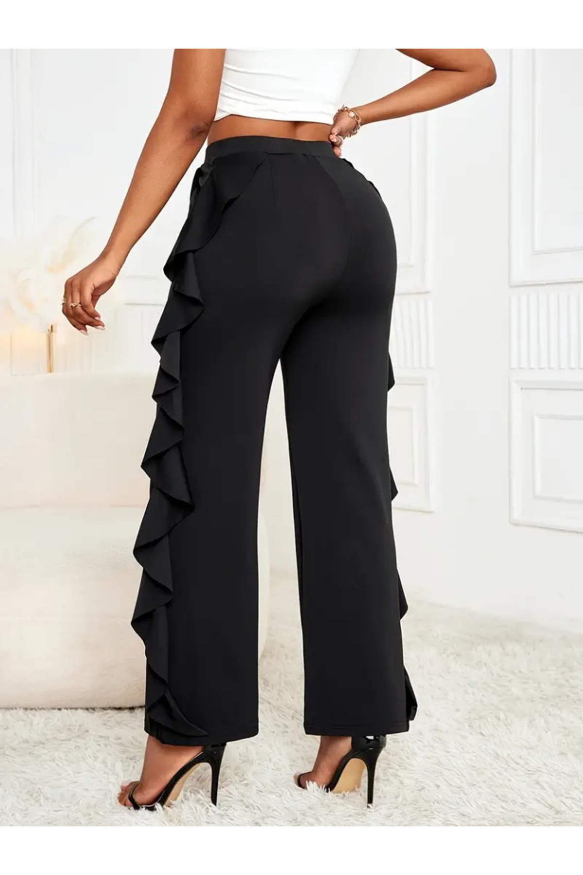 Kadın Yüksek Bel Yanları Volanlı Cepli Sandy Pantolon