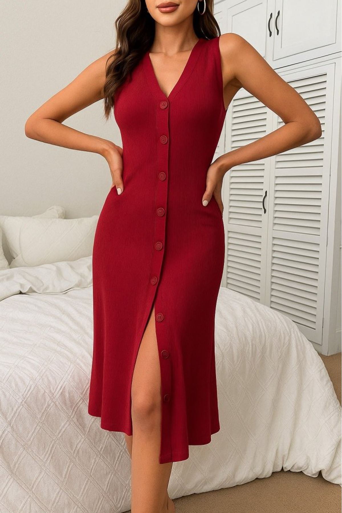 Kadın V Yakalı önden Düğmeli Kaşkorse Elbise