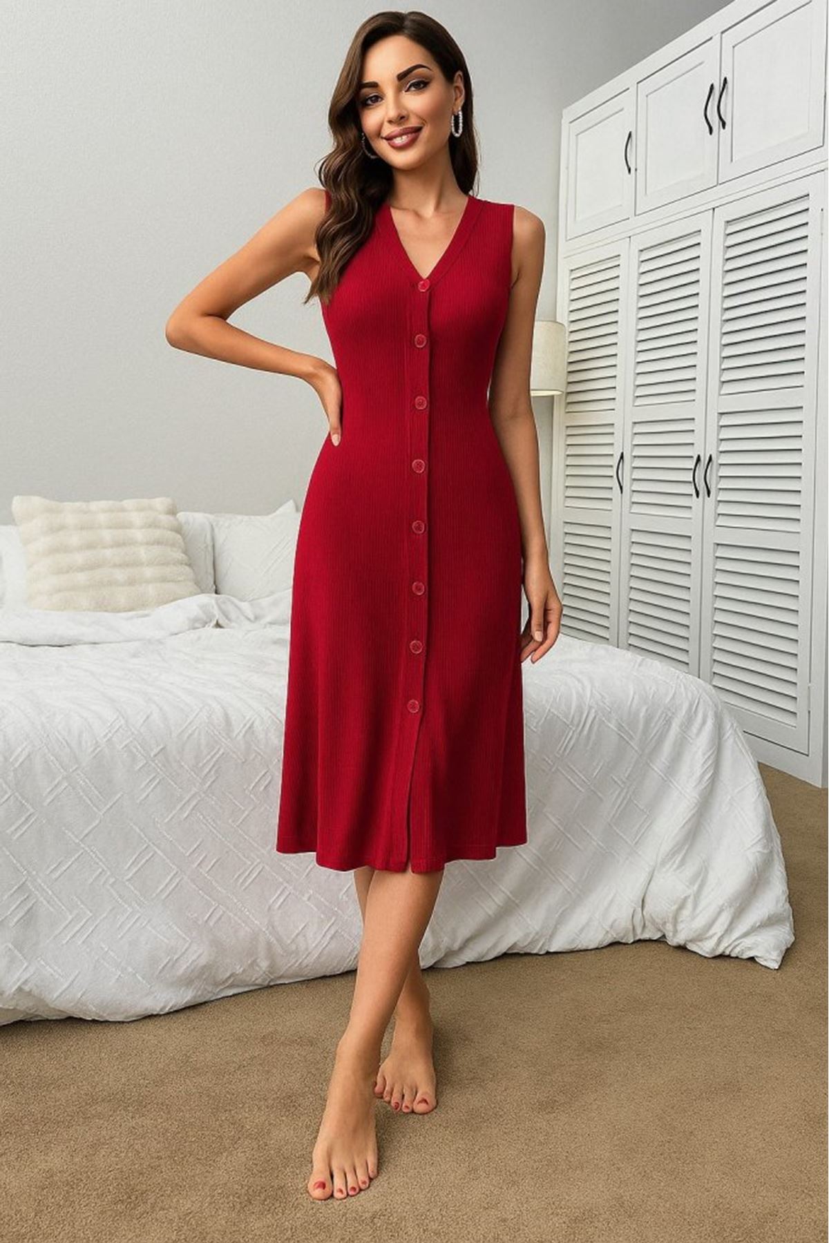 Kadın V Yakalı önden Düğmeli Kaşkorse Elbise