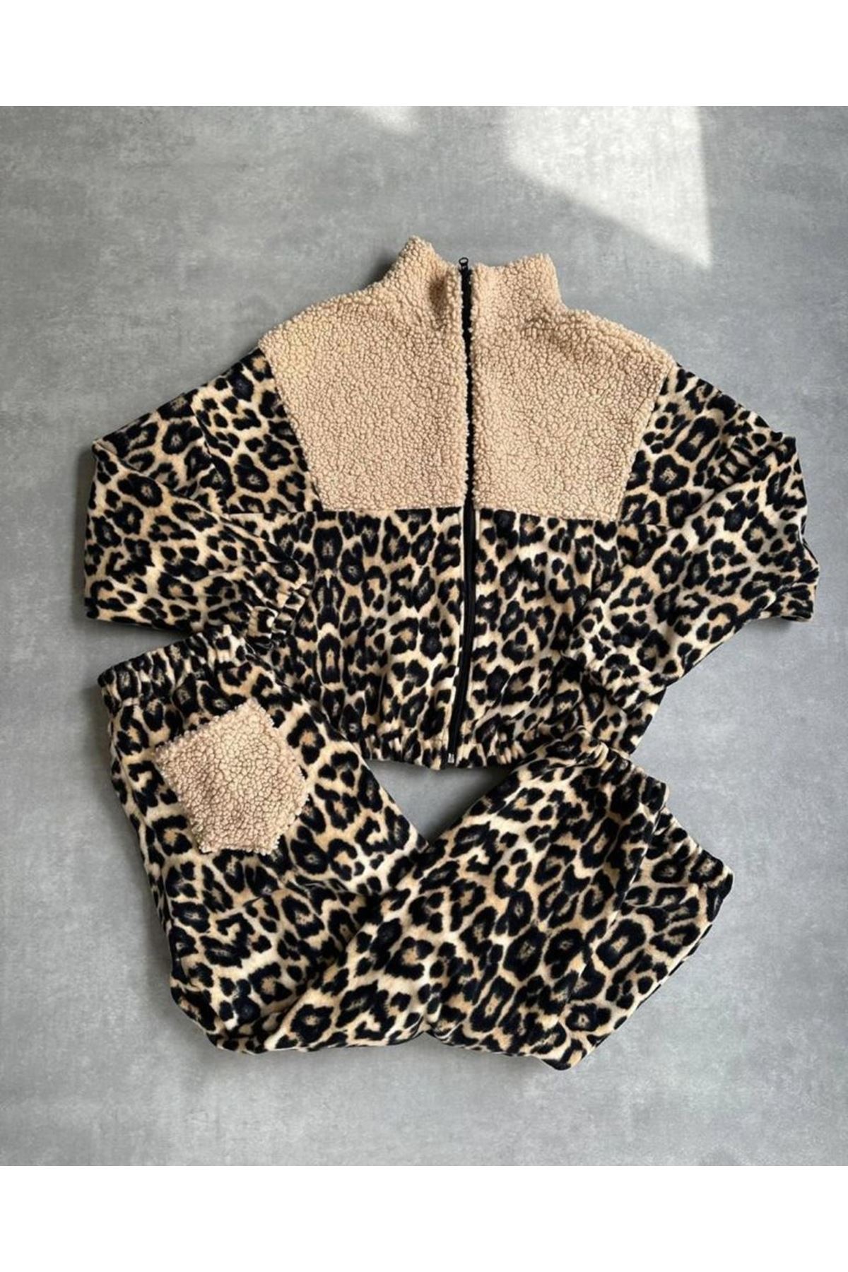 Kadın 3 Iplik Kumaş Leopar Desenli Ikili Takım