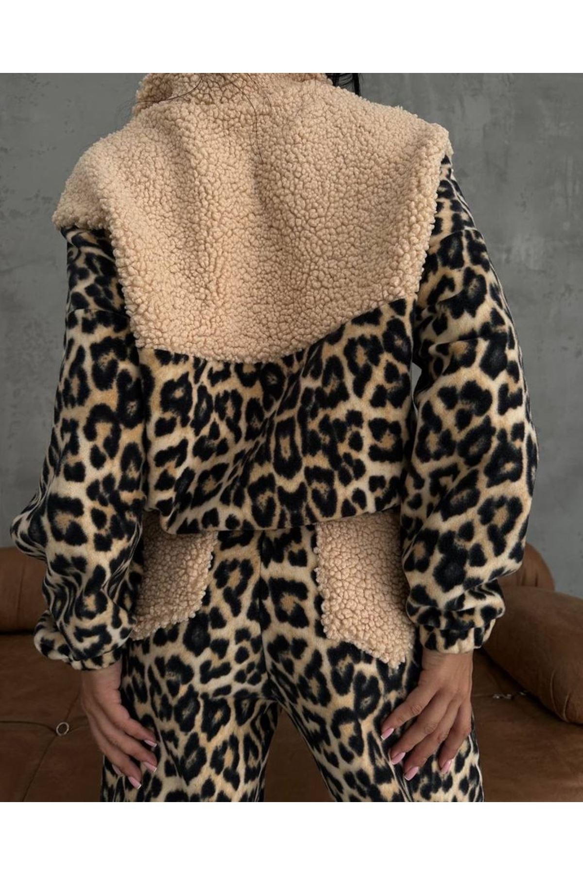 Kadın 3 Iplik Kumaş Leopar Desenli Ikili Takım