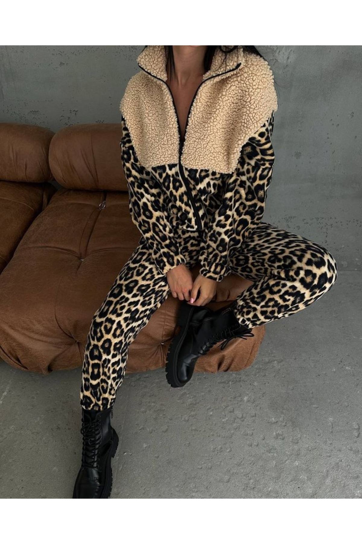 Kadın 3 Iplik Kumaş Leopar Desenli Ikili Takım