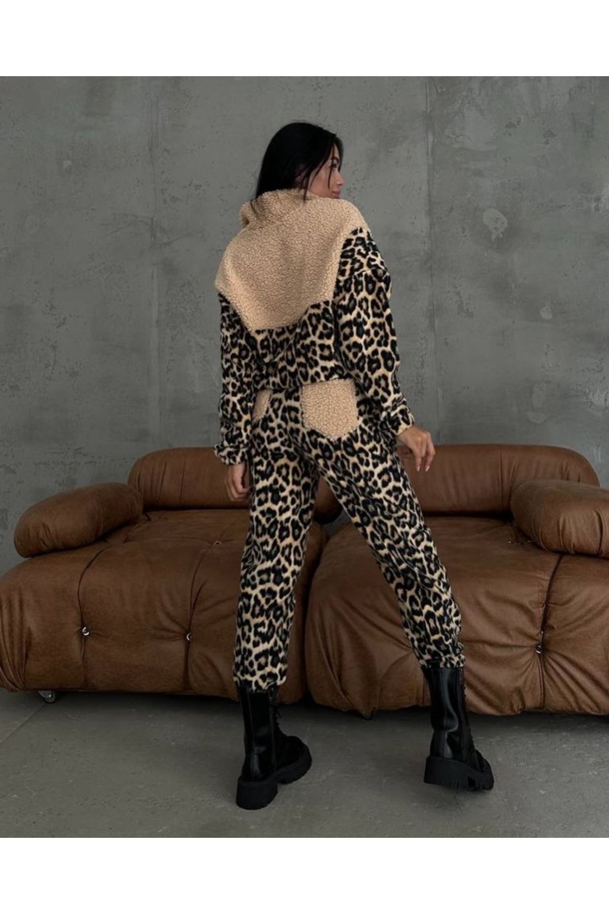 Kadın 3 Iplik Kumaş Leopar Desenli Ikili Takım