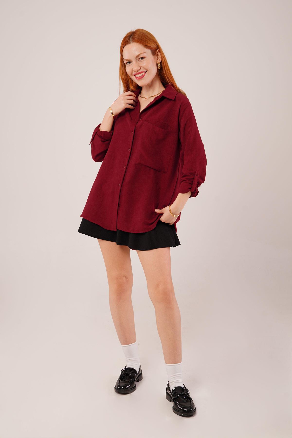 Salaş Kesim Cepli Bordo Gömlek