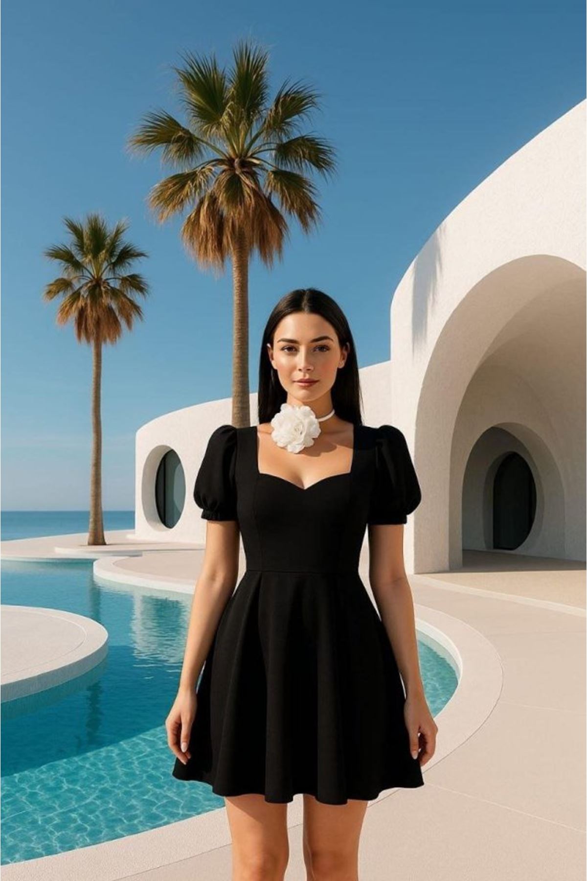 Kadın Dalgıç Kumaş Kalp Yaka Elbise