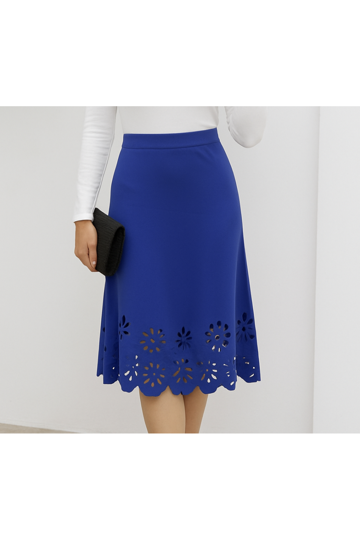 Kadın Yüksek Bel Lazer Kesim Detaylı Midi Ithal Krep Etek