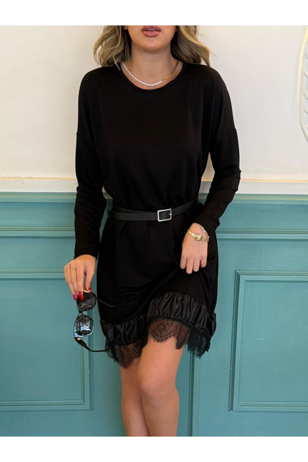 Kadın Uzun Kollu Bisiklet Yaka Etek Ucu Deri Ve Tül Detay Iki Iplik Mini Boy Elbise