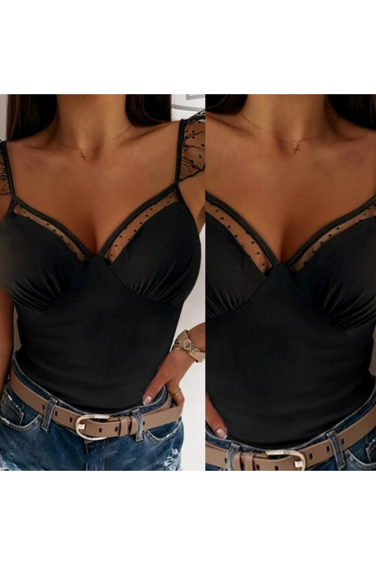 Kadın Askılar Tül Işlemeli Kalp Yaka Tül Detay Dalgıç Bluz