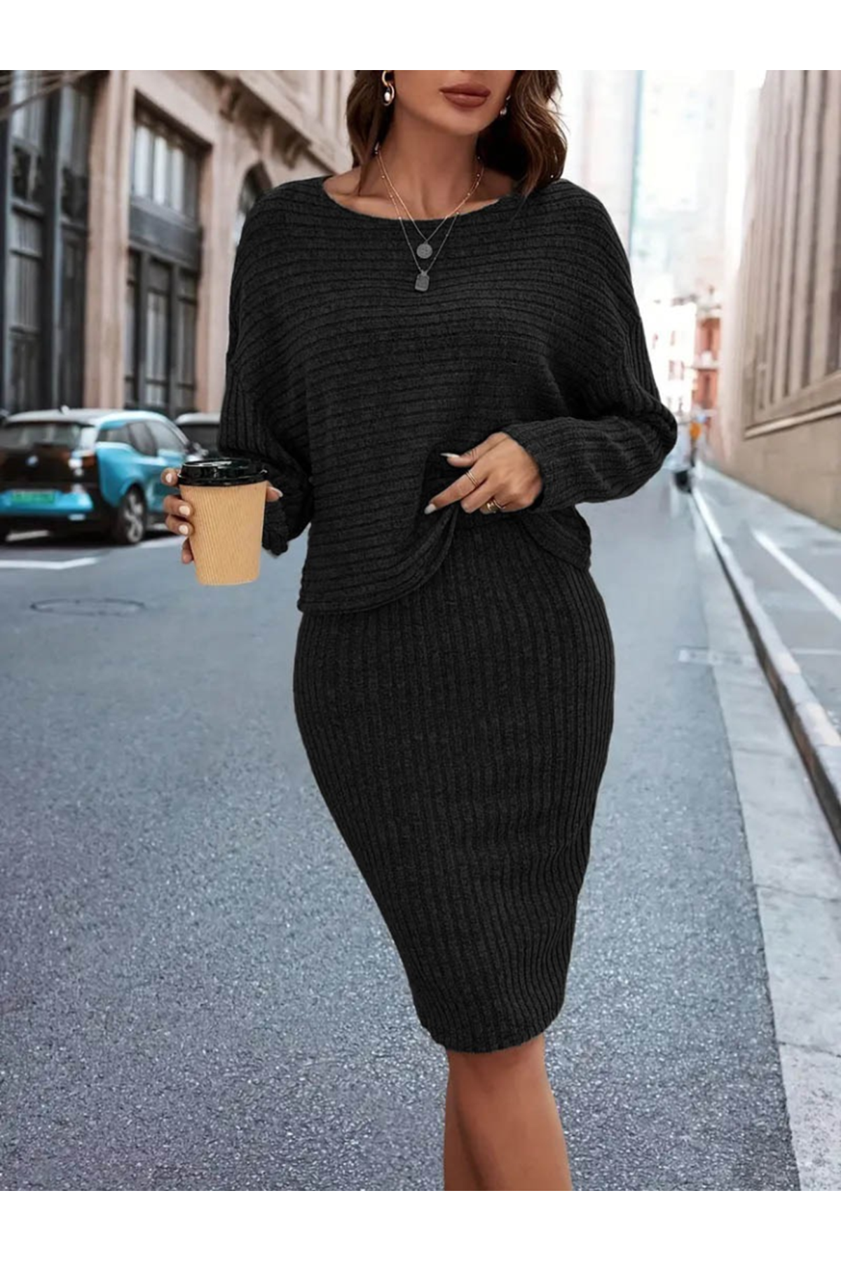 Kadın Uzun Kollu Iki Yanı Açık Yaka Detaylı Bluz Ve Etek şardonlu Kaşkorse Ikili Takım