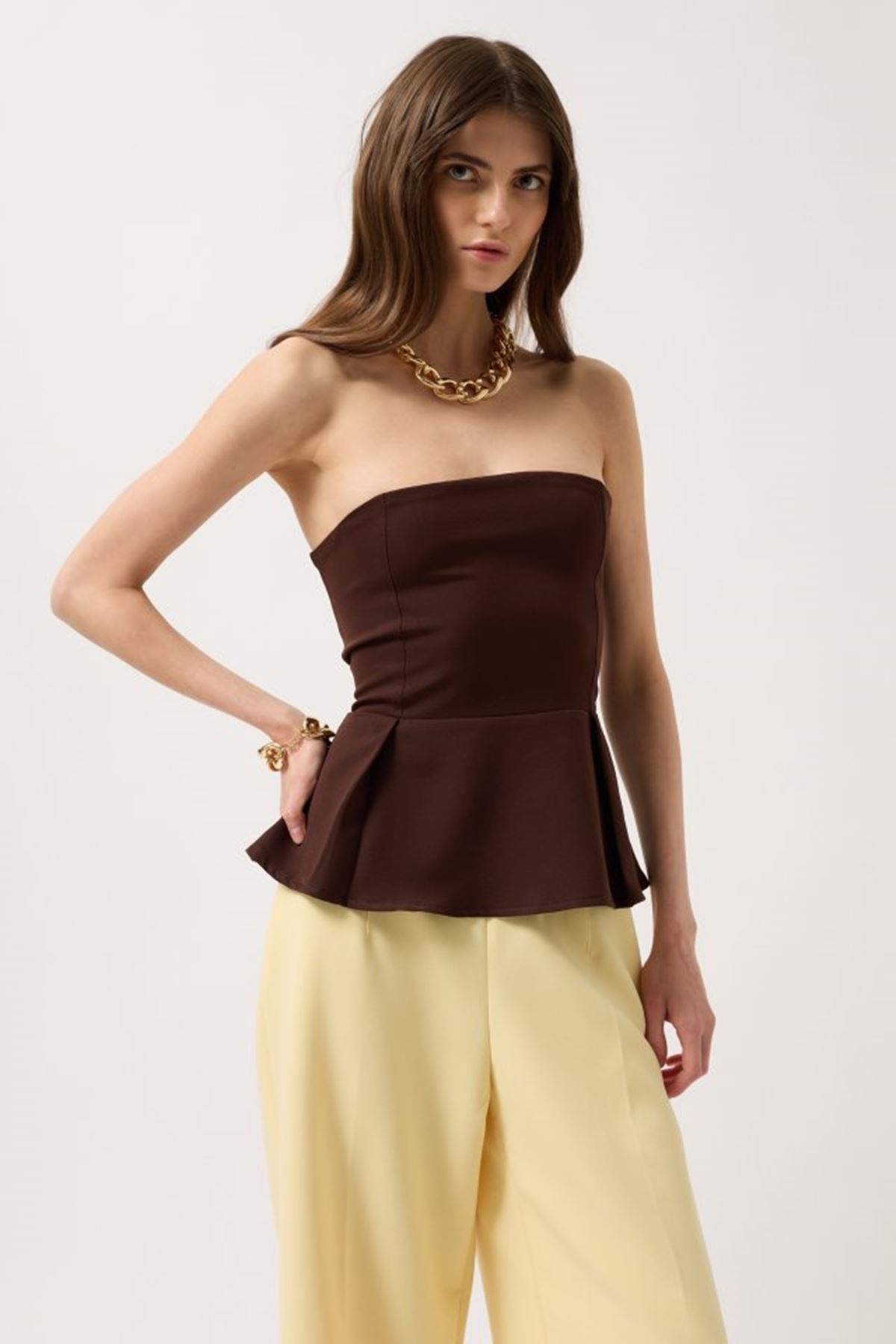 Pileli Straplez Bluz