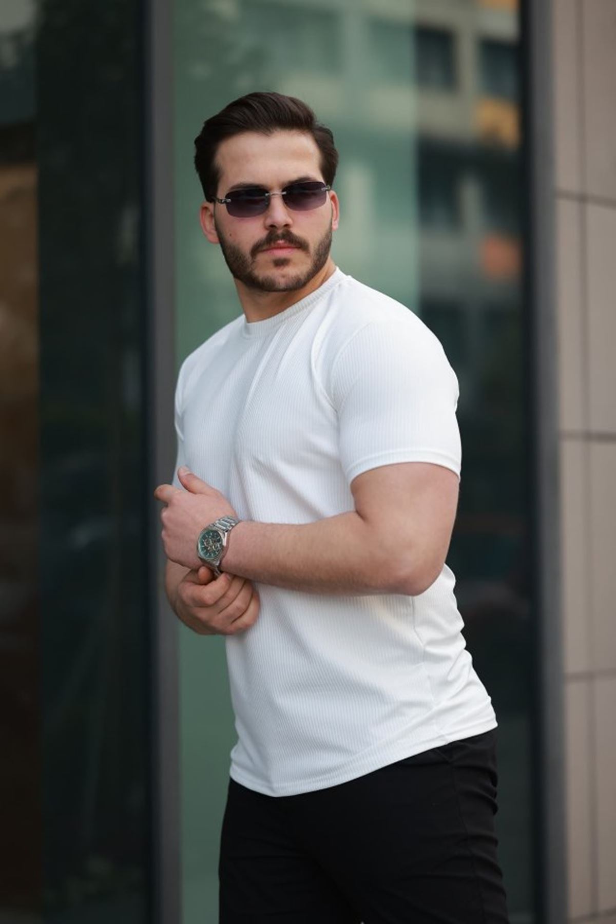 Erkek Kısa Kollu çizgi Kabartma Detaylı T-shirt