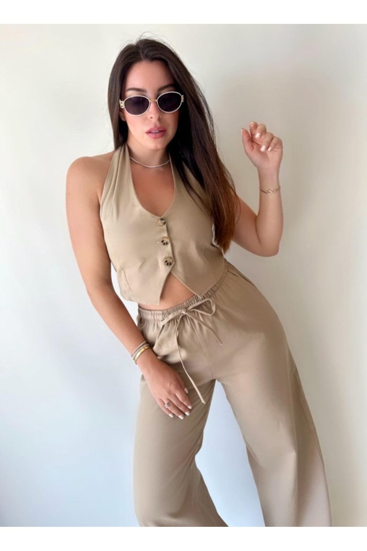 Kadın Gabardin Kumaş Boyundan Bağlamalı Yelek Bluz Salaş Pantolon İkili Takım