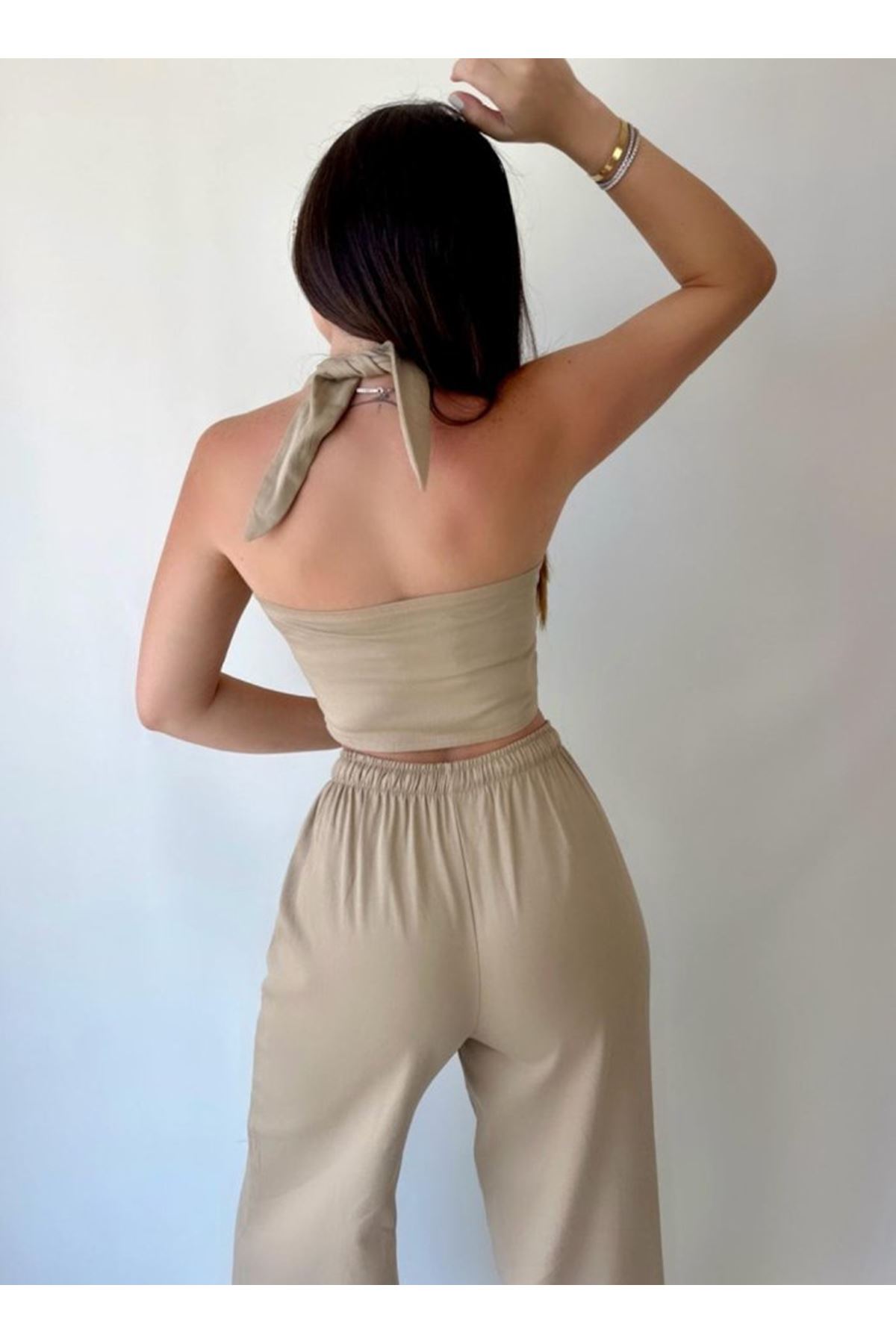 Kadın Gabardin Kumaş Boyundan Bağlamalı Yelek Bluz Salaş Pantolon İkili Takım