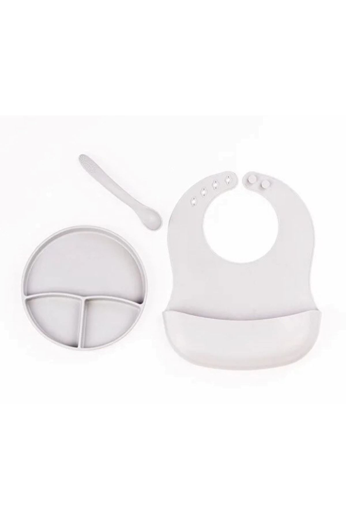 Gri 3’lü Silikon Yemek Seti – Önlük + Diş Kaşıyıcılı Kaşık + Vakumlu Tabak