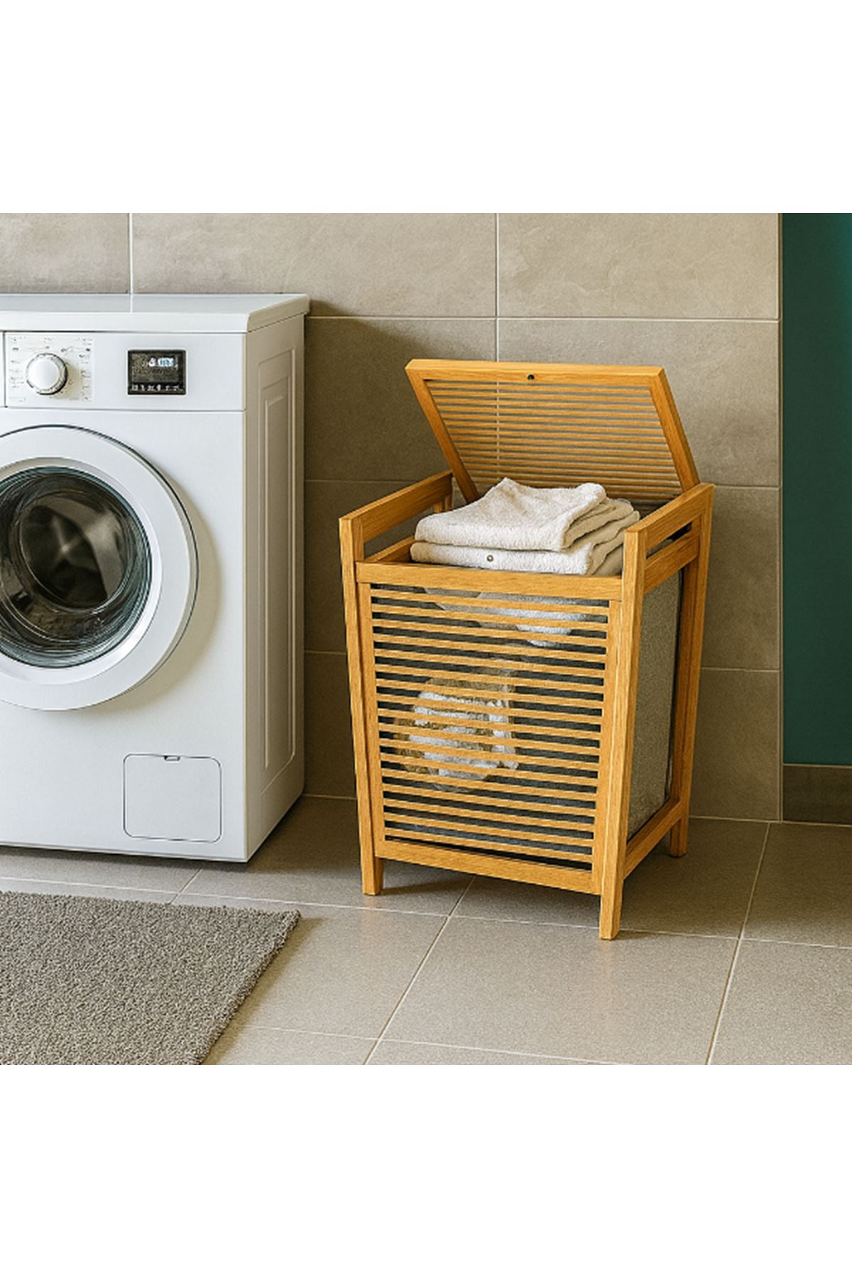 Orta Boy Ahşap Bambu Kirli Sepeti 40x35x60