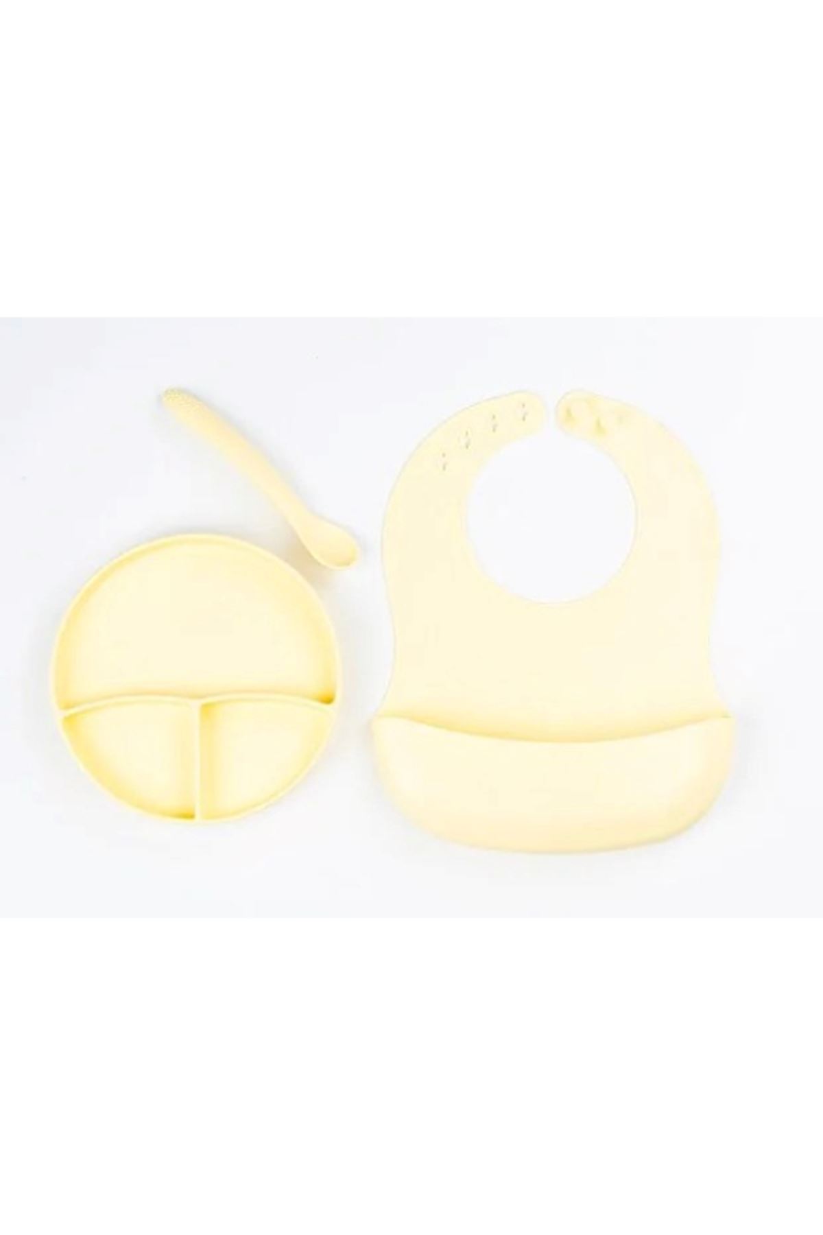 Sarı 3’lü Silikon Yemek Seti – Önlük + Diş Kaşıyıcılı Kaşık + Vakumlu Tabak