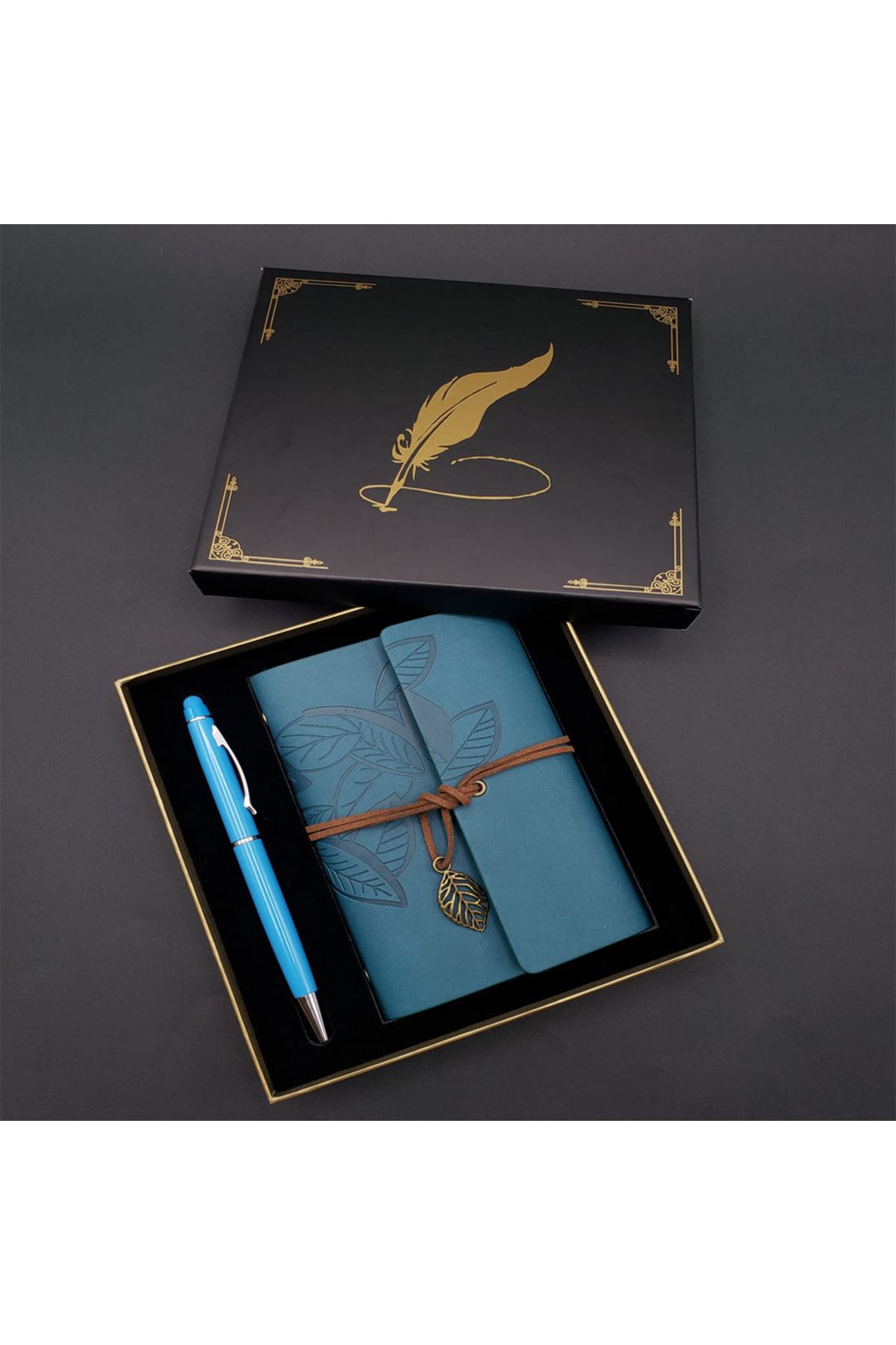 Siyah Kutulu Yaprak Desenli Mavi Deri Defter Ve Kalem Seti