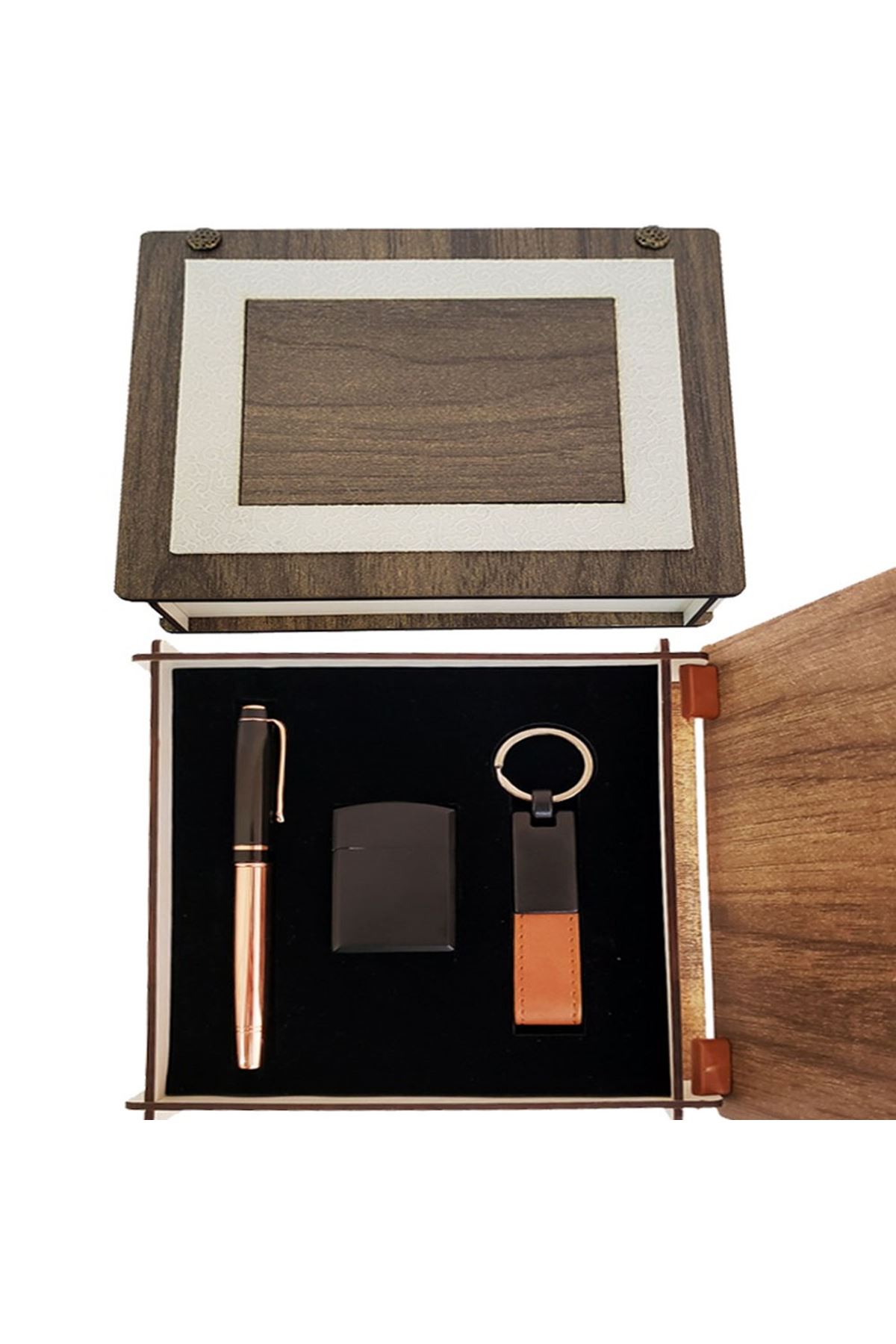 Özel Ahşap Kutulu Bakır Roller Kalem, Anahtarlık ve Çakmak Set