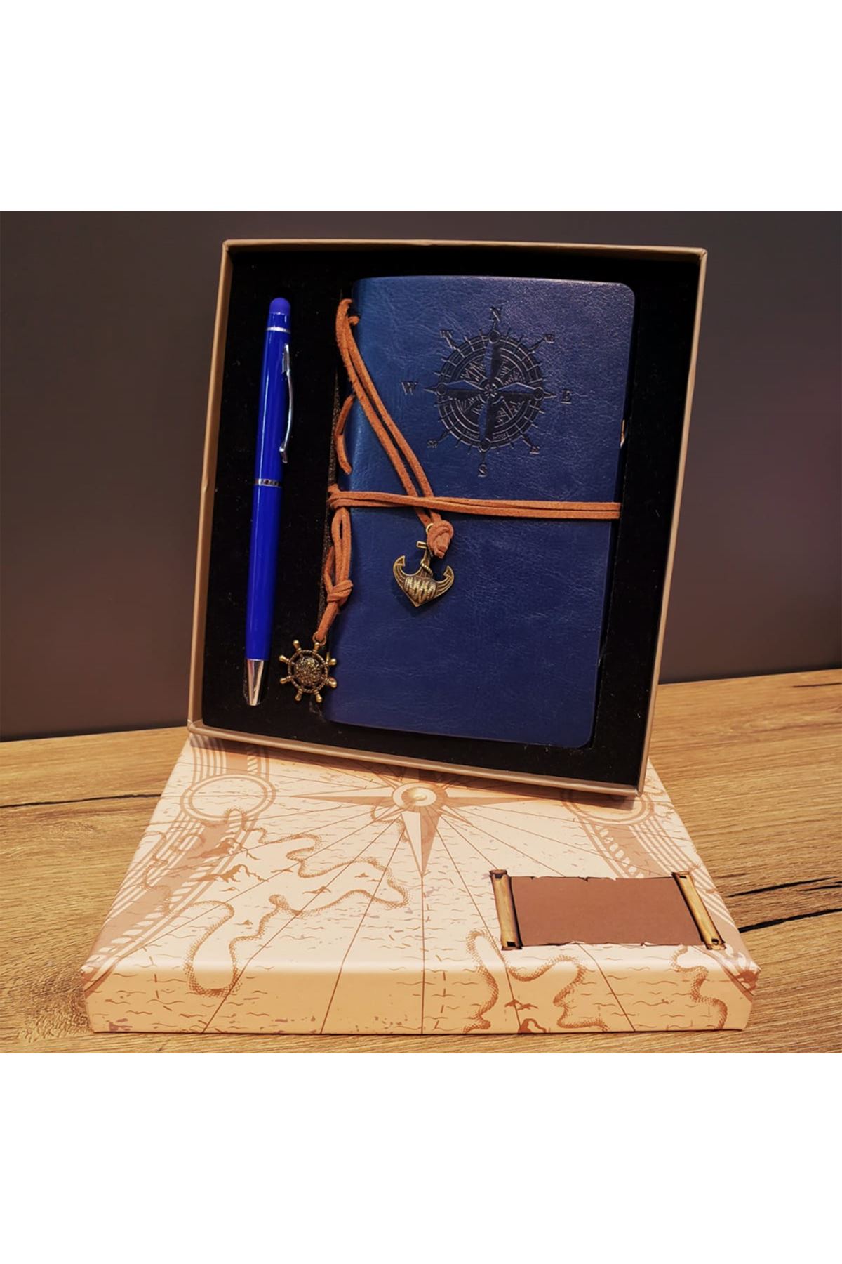 Lacivert Pusula Tasarım Deri Defter Ve Tükenmez Kalem Seti