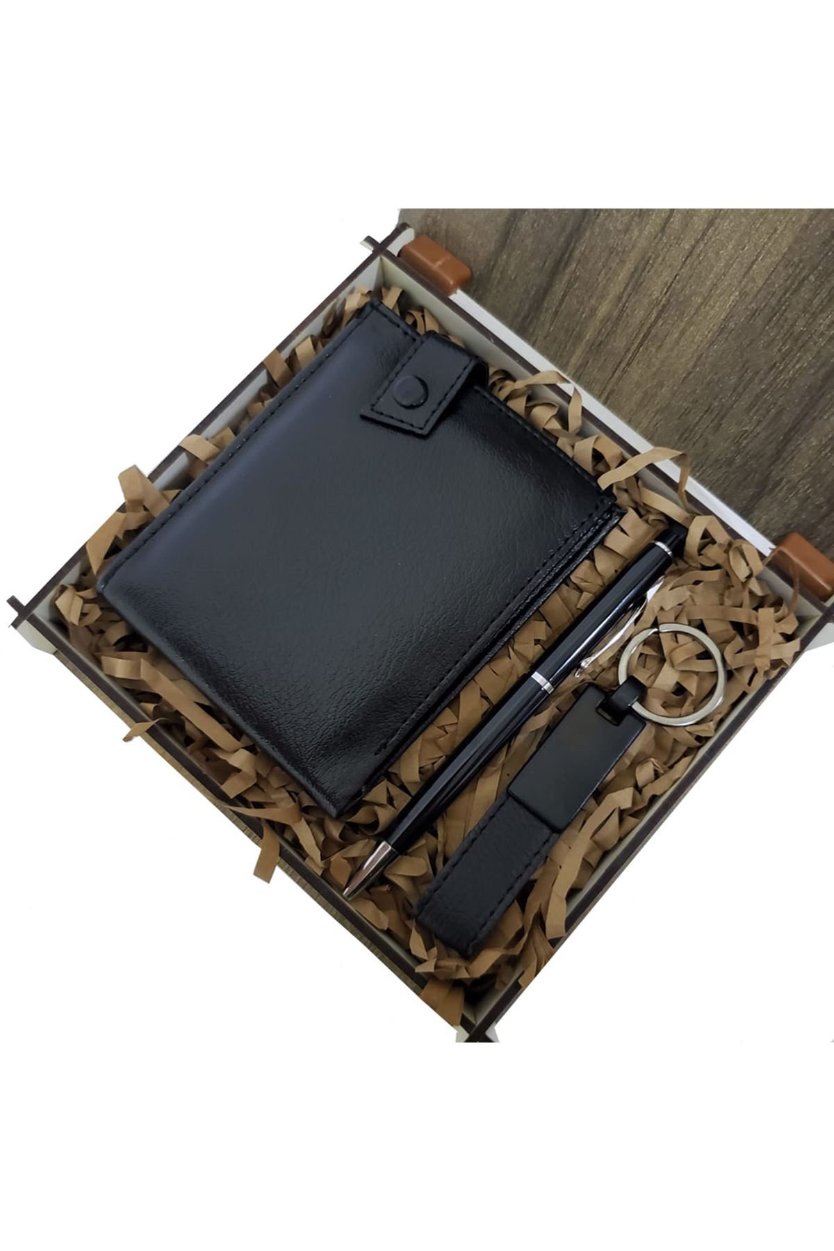 Ahşap Deri Kutulu Siyah Renk 3'lü Hediye Seti - Kalem, Cüzdan, Anahtar