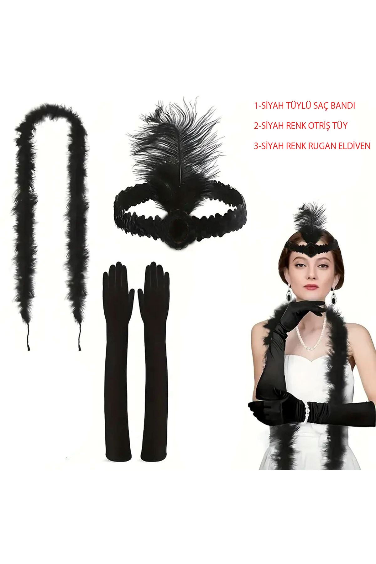 1920’ler Tarzı Siyah Tüylü Saç Bandı, Rugan Siyah Eldiven ve Siyah Otri̇ş Seti