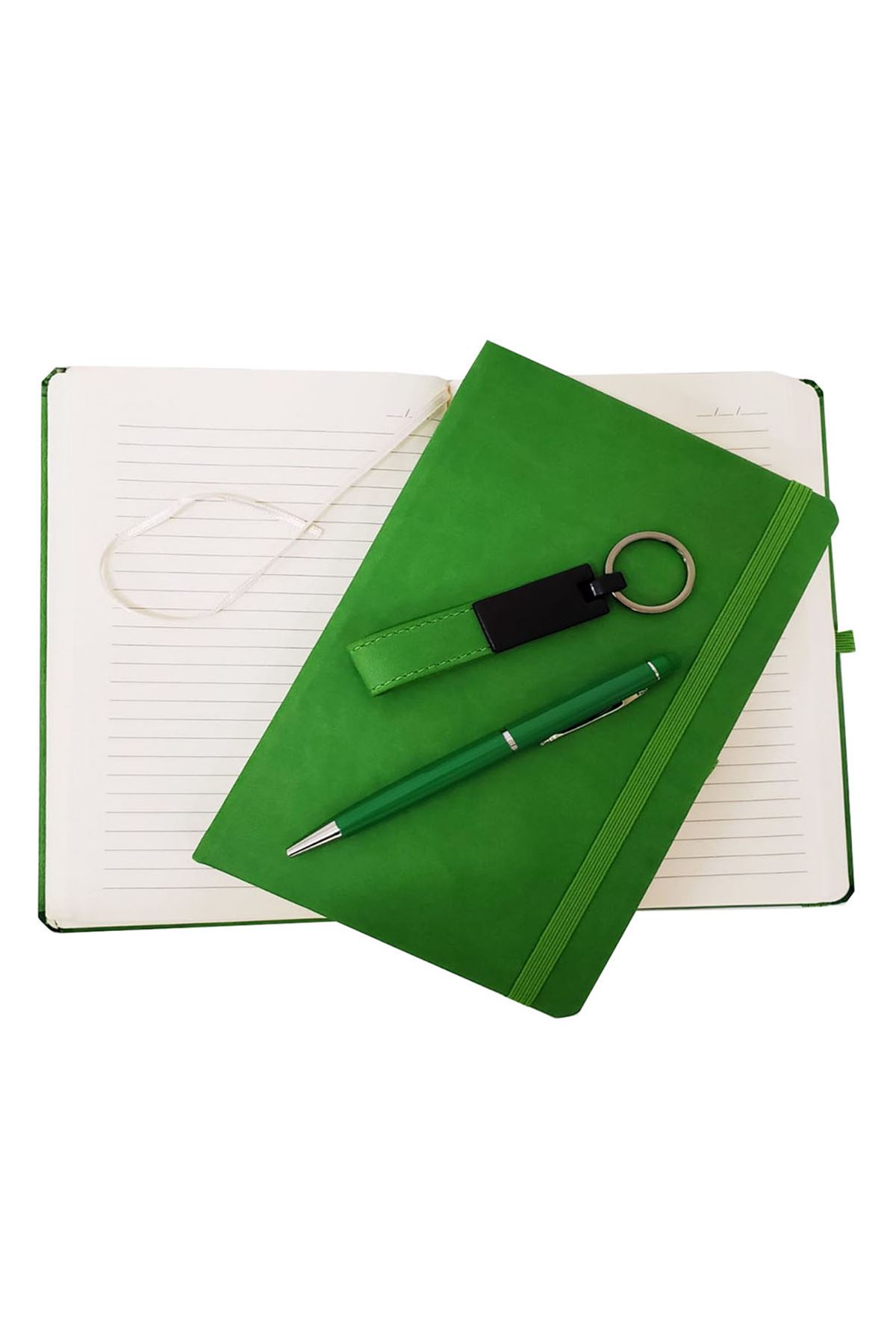 Yeşil Termo Deri Defter, Kalem ve Anahtarlık Seti