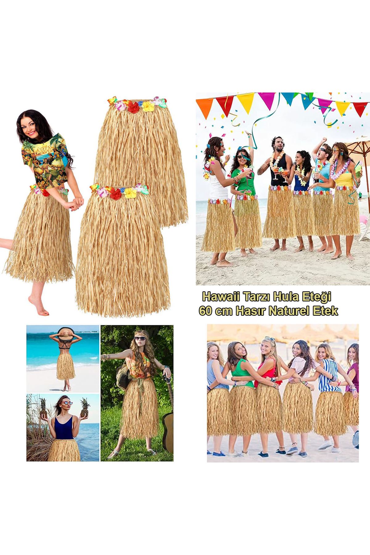 Hawaii Tarzı Hula Eteği – 60 cm Hasır Natural Etek