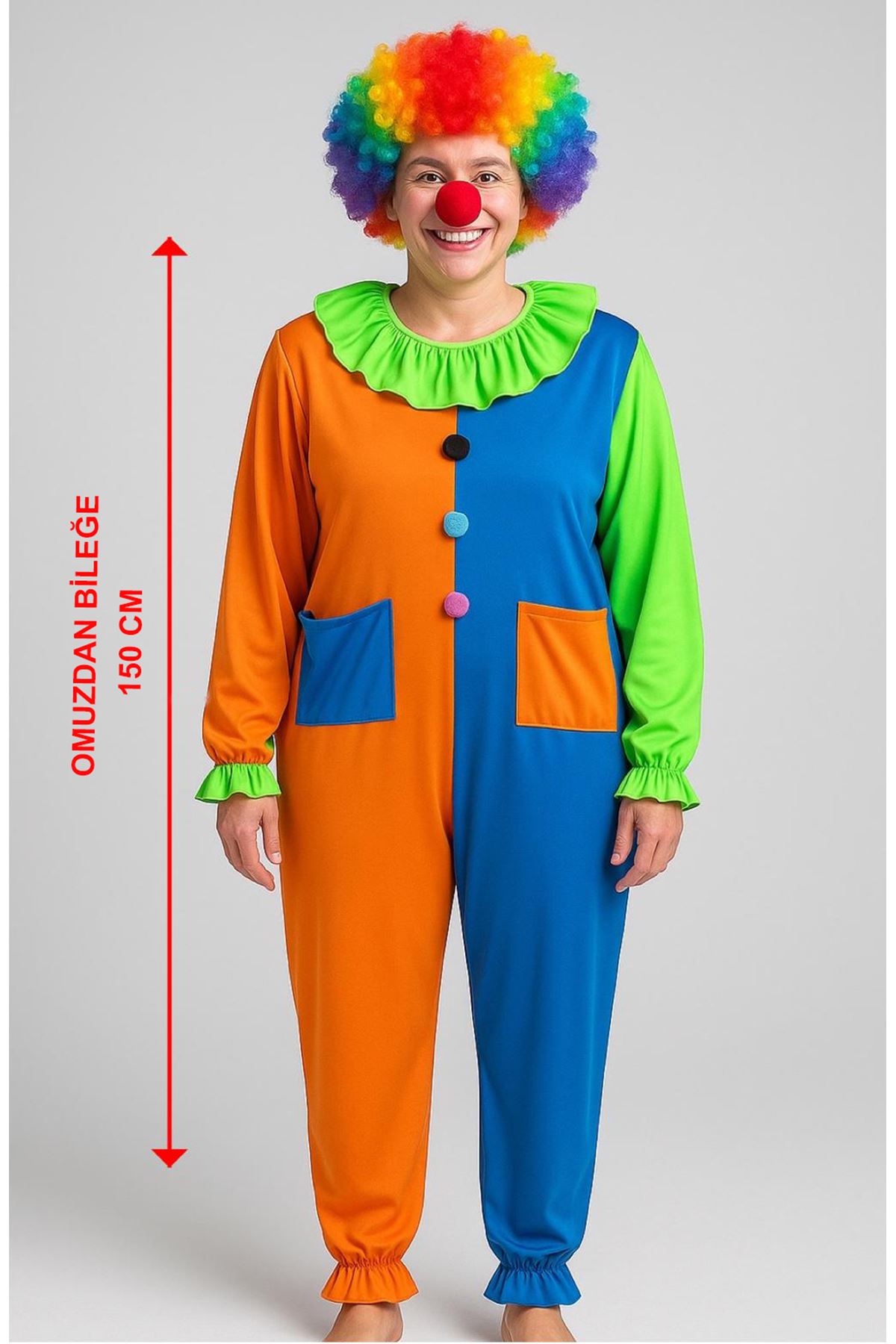 Palyaço Kostüm Seti 150 cm (Peruk + Burun + Kostüm)