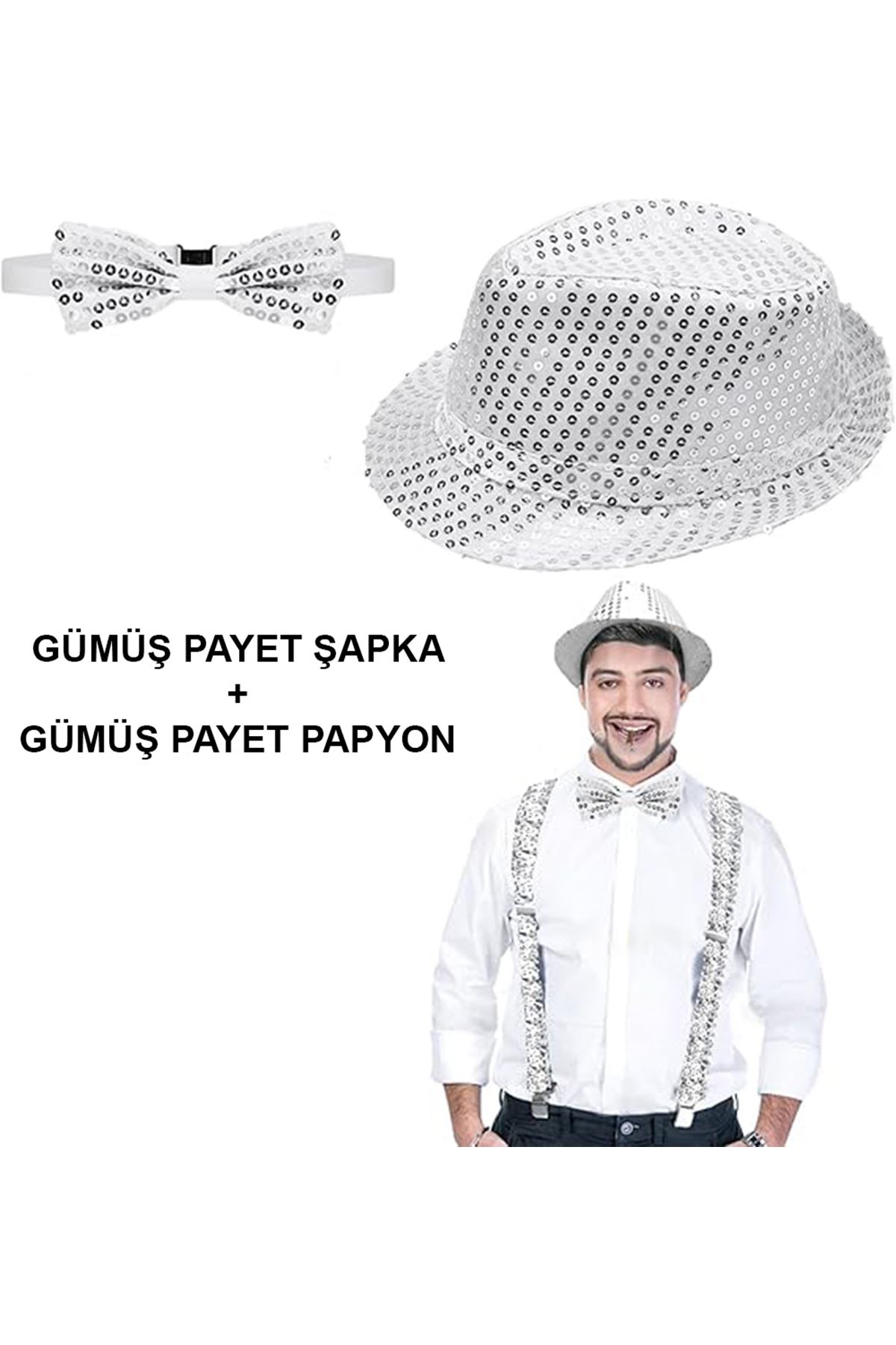Gümüş Payetli Şapka ve Papyon Seti – Parıltılı Yetişkin Kostüm Seti