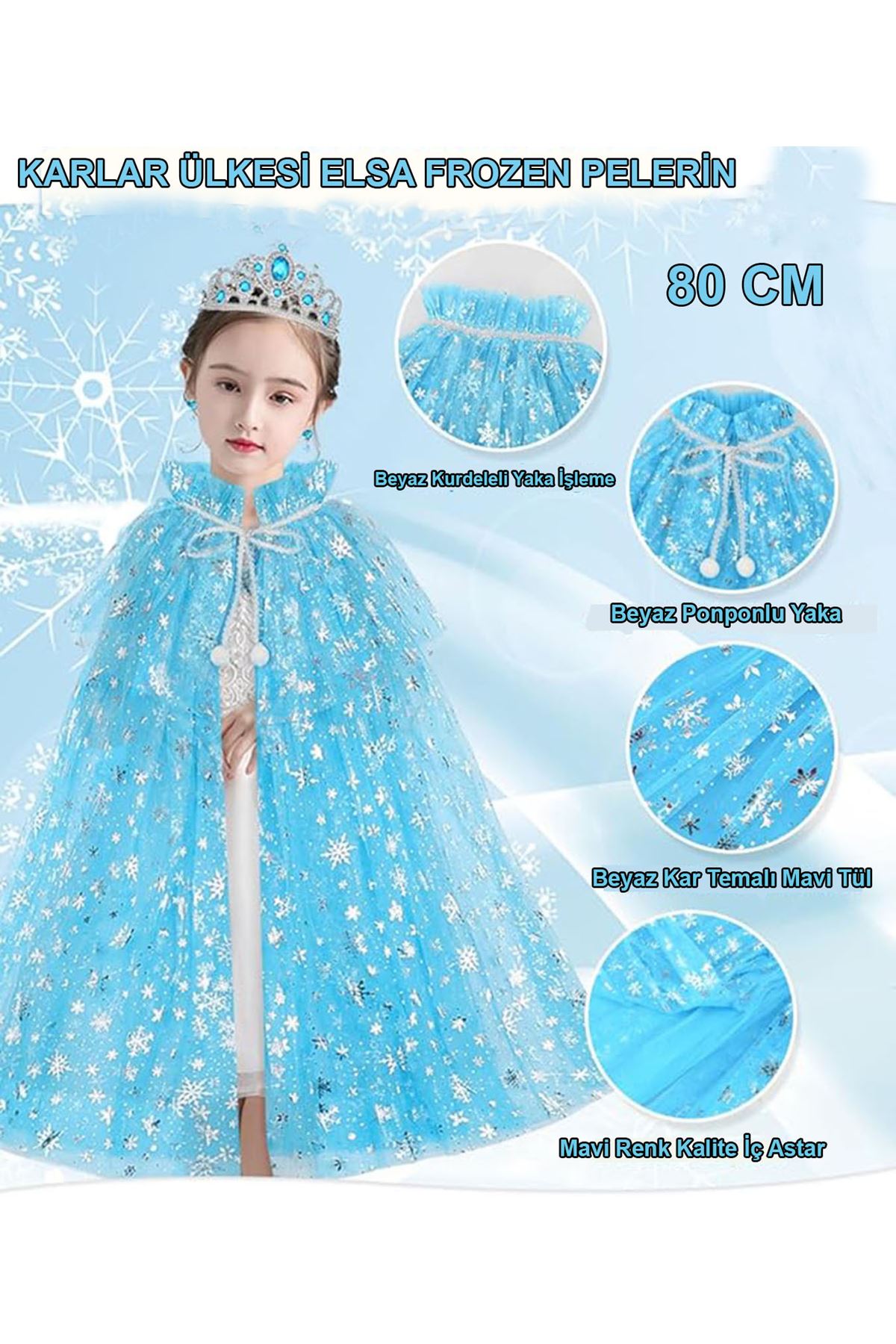 Karlar Ülkesi Elsa Frozen Mavi Pelerin – 80 cm Çocuk Pelerini