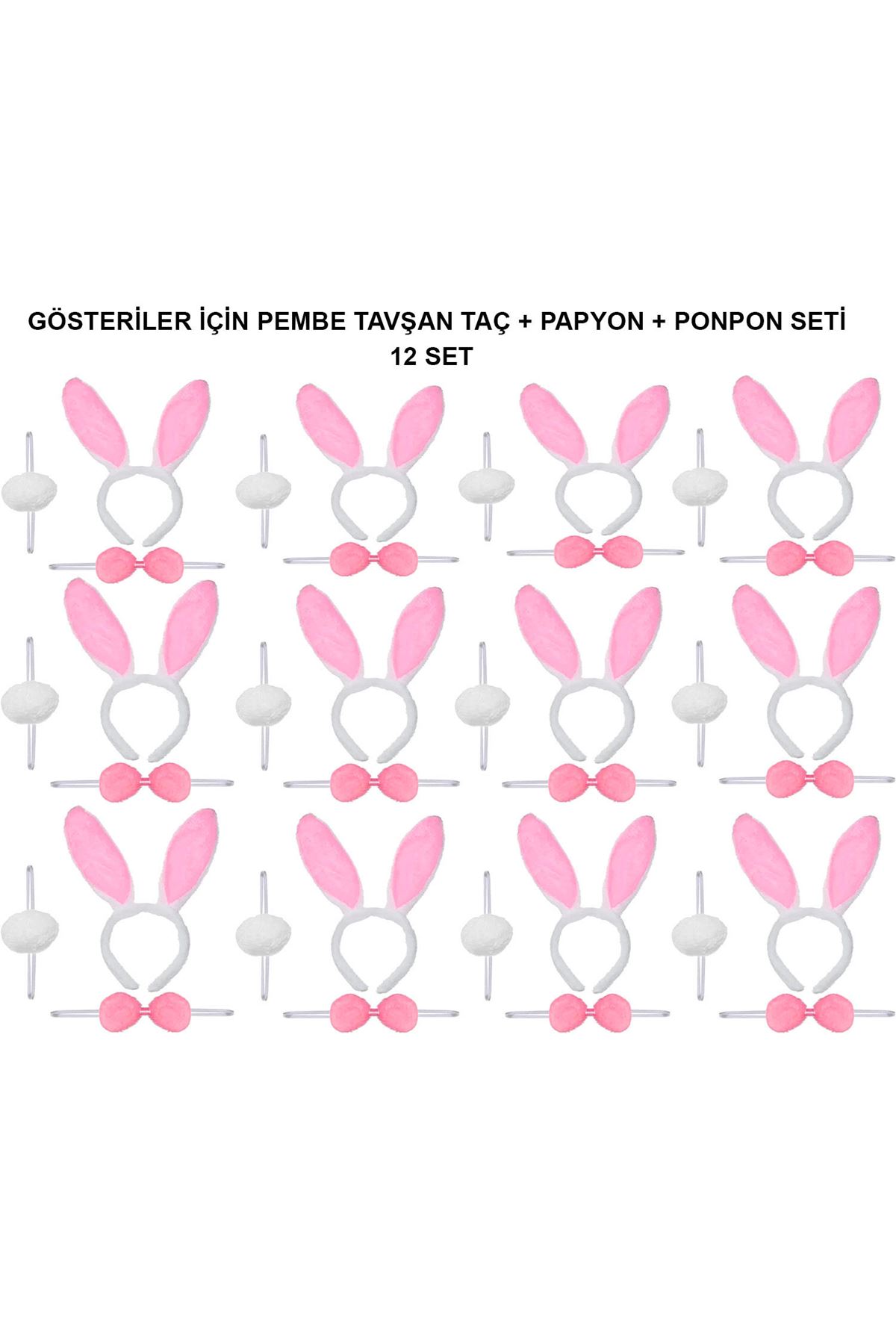 Pembe Tavşan Kostüm Seti – Taç, Papyon, Ponpon (12’li Paket)