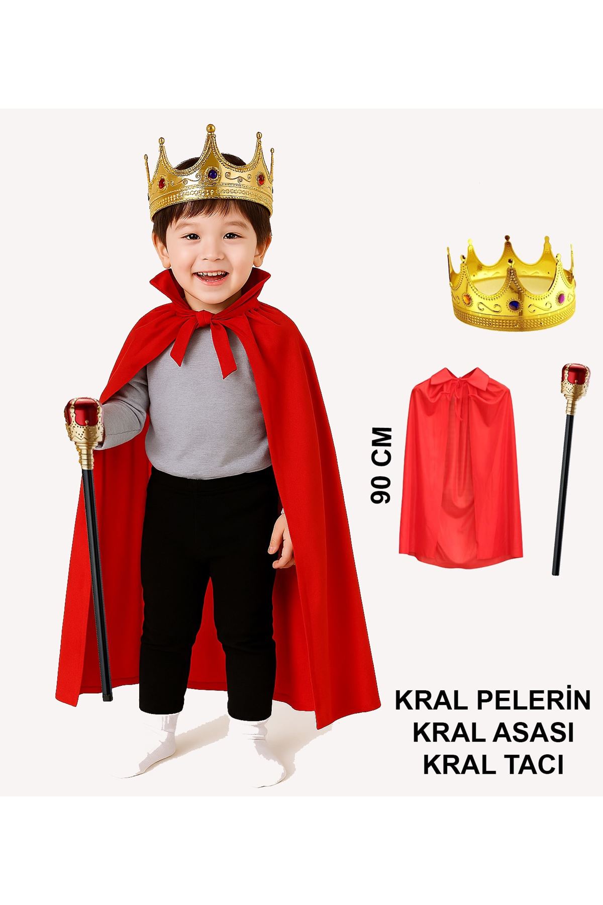 Çocuk Kral Kostüm Seti – Kırmızı Pelerin, Taç ve Asa (90 cm)