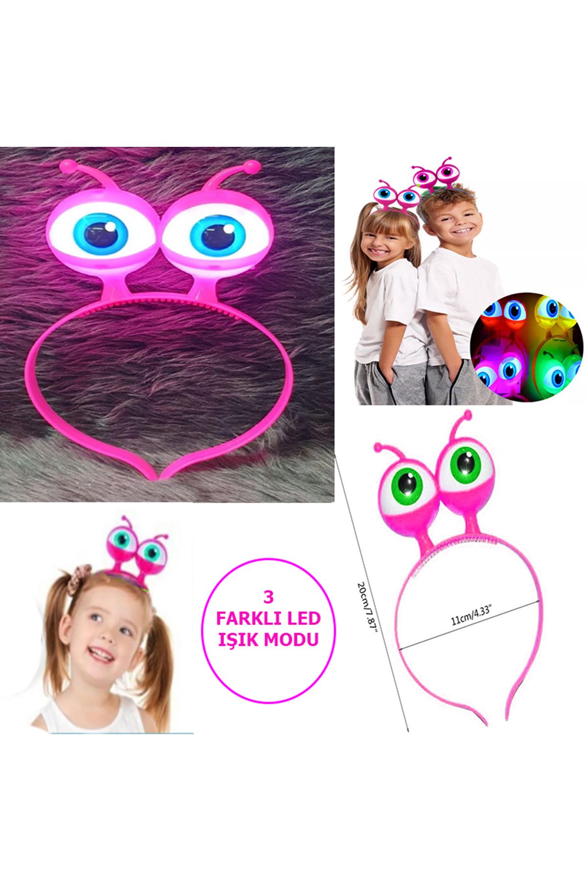 Led Işıklı &amp; Pilli Uzaylı Göz Parti Tacı Pembe Renk