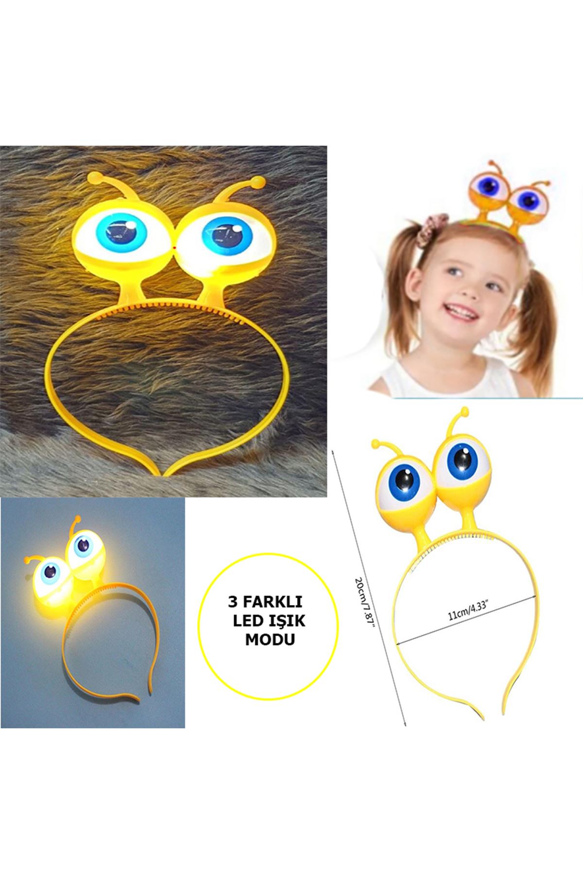 Led Işıklı &amp; Pilli Uzaylı Göz Parti Tacı Sarı Renk