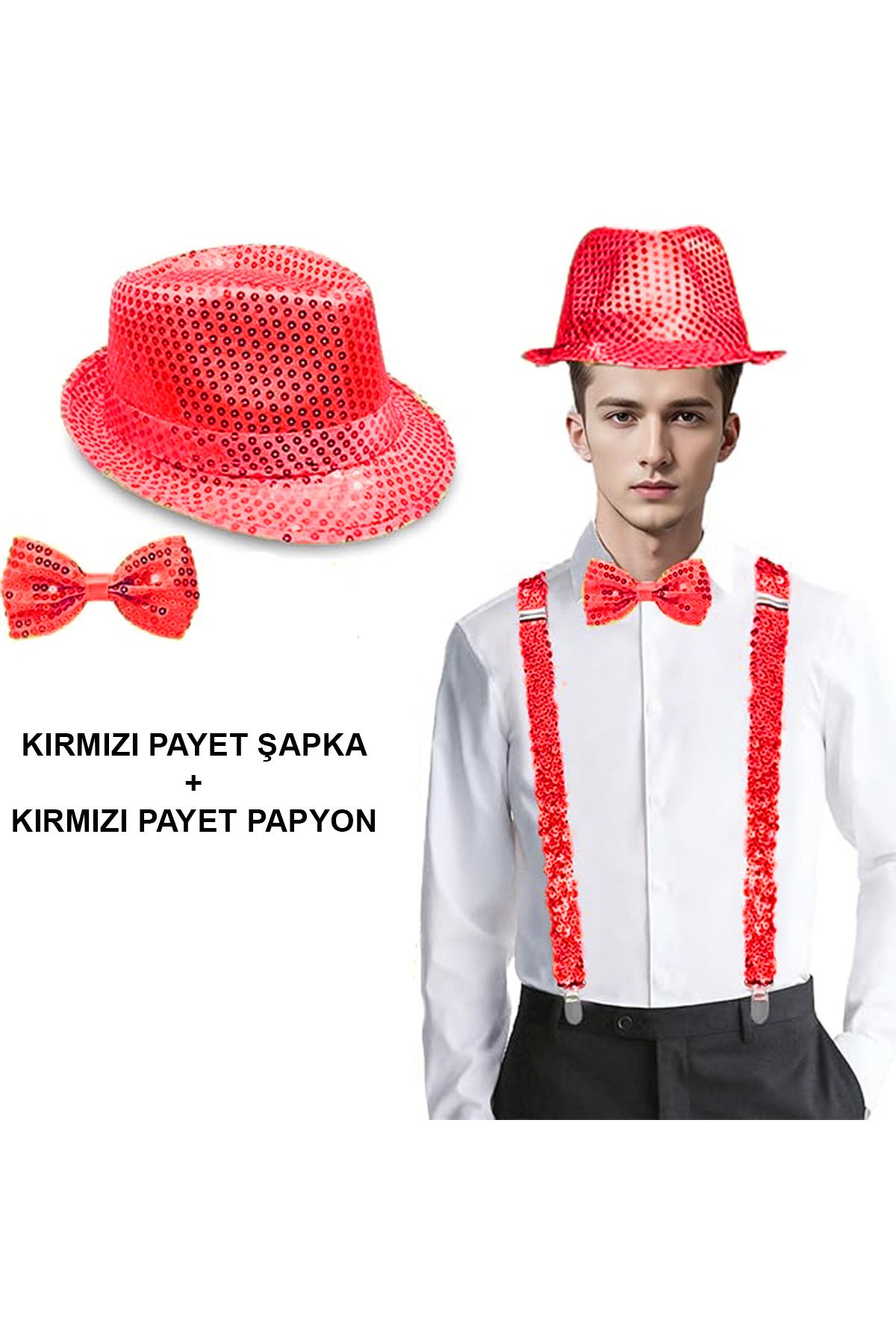 Kırmızı Payetli Şapka ve Papyon Seti – Parıltılı Yetişkin Kostüm Seti