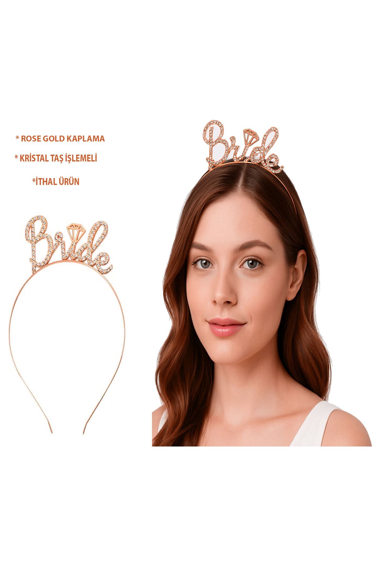 Rose Gold Renkli Taşlı “Bride” Gelin Tacı