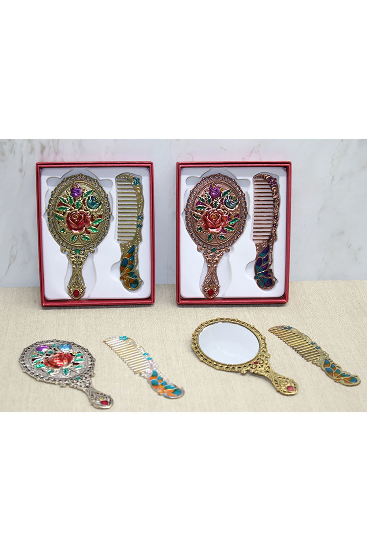 Gül Tasarımı Ayna Ve Tarak Seti Küçük Boy