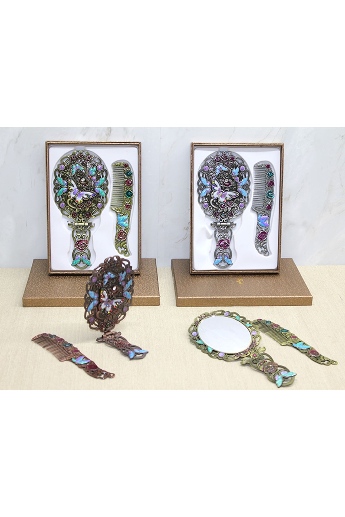 Kelebek Katlanabilir Ayna Ve Tarak Seti Büyük Boy
