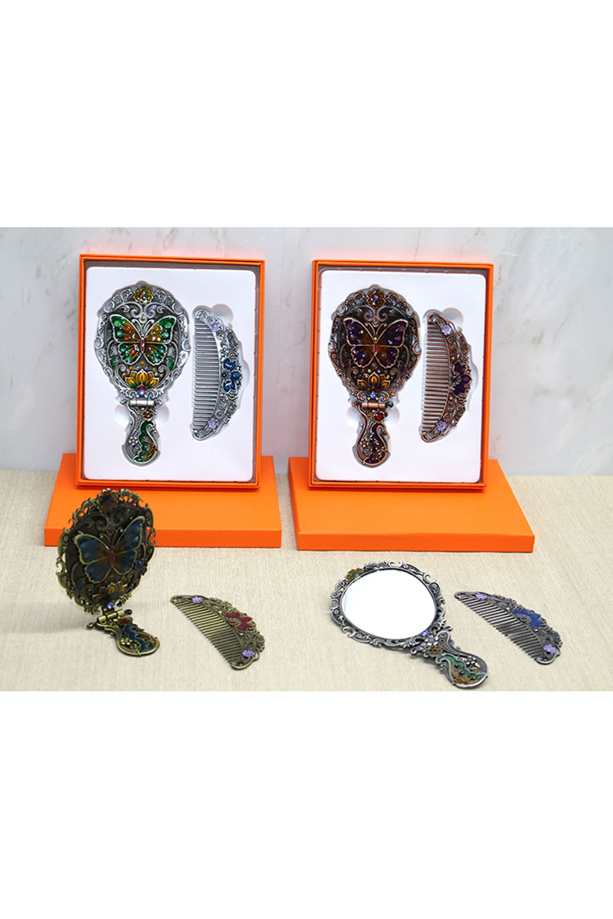 Kelebek Katlanabilir Ayna Ve Tarak Seti Orta Boy