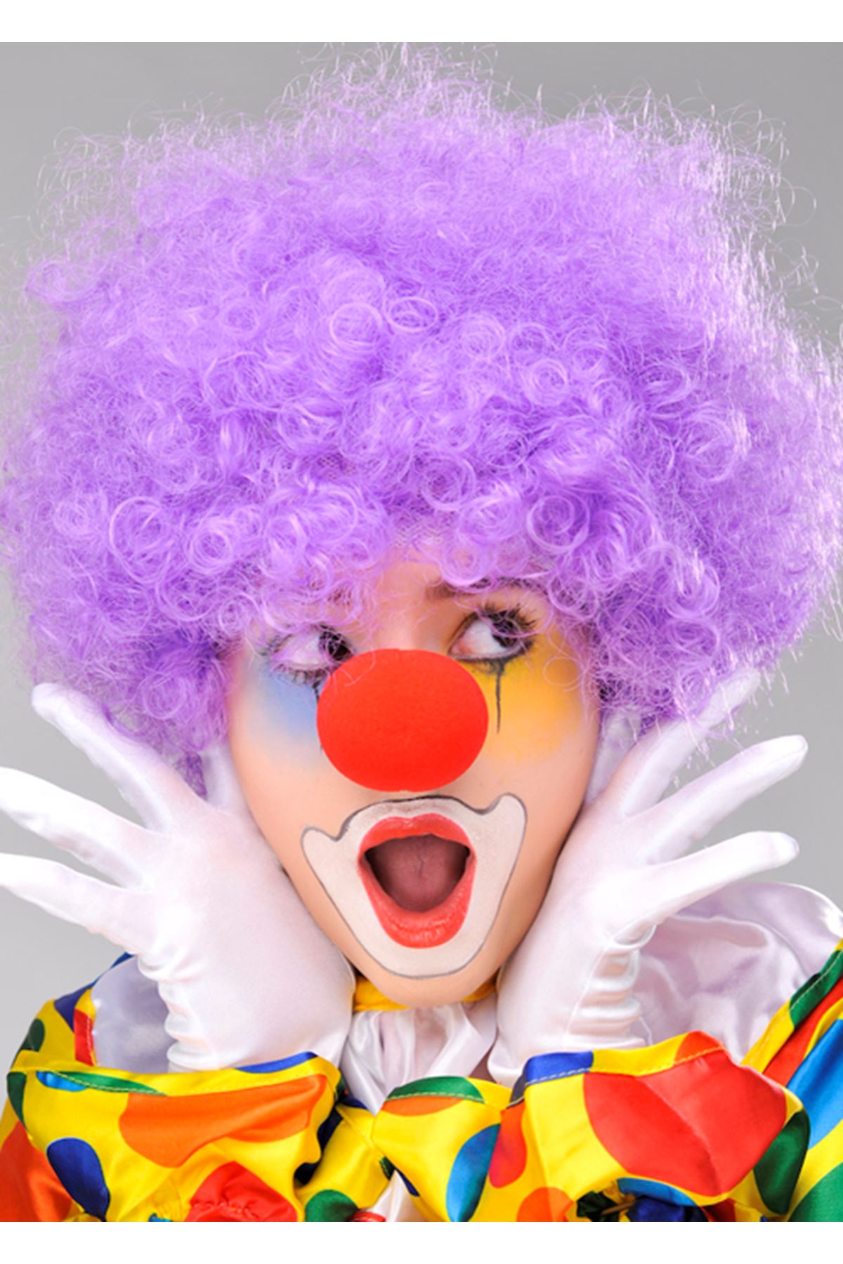 Mor Renk Kıvırcık Bonus Peruk ve Kırmızı Burun Seti