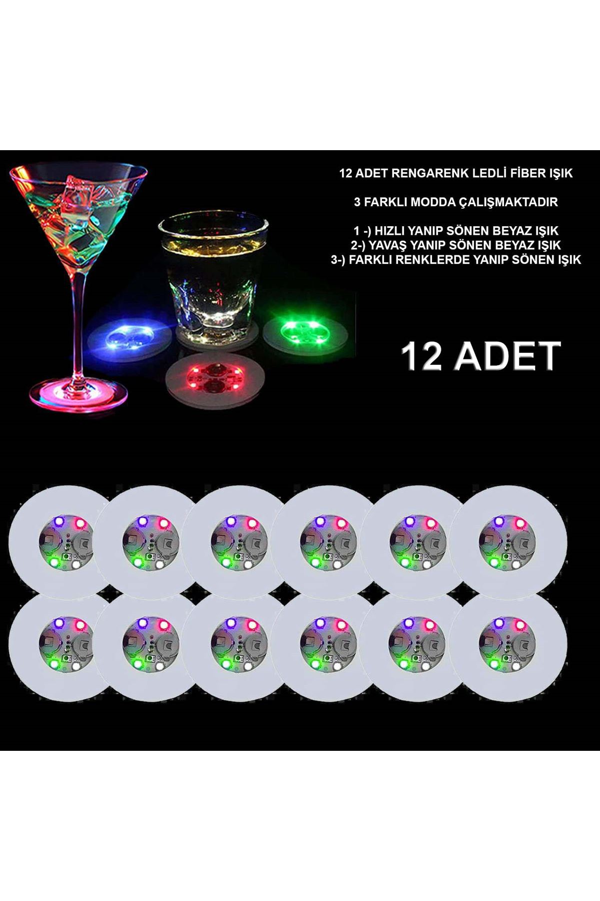 Renkli LED Işıklı Bardak Altlığı - 12 Adet, Pilli