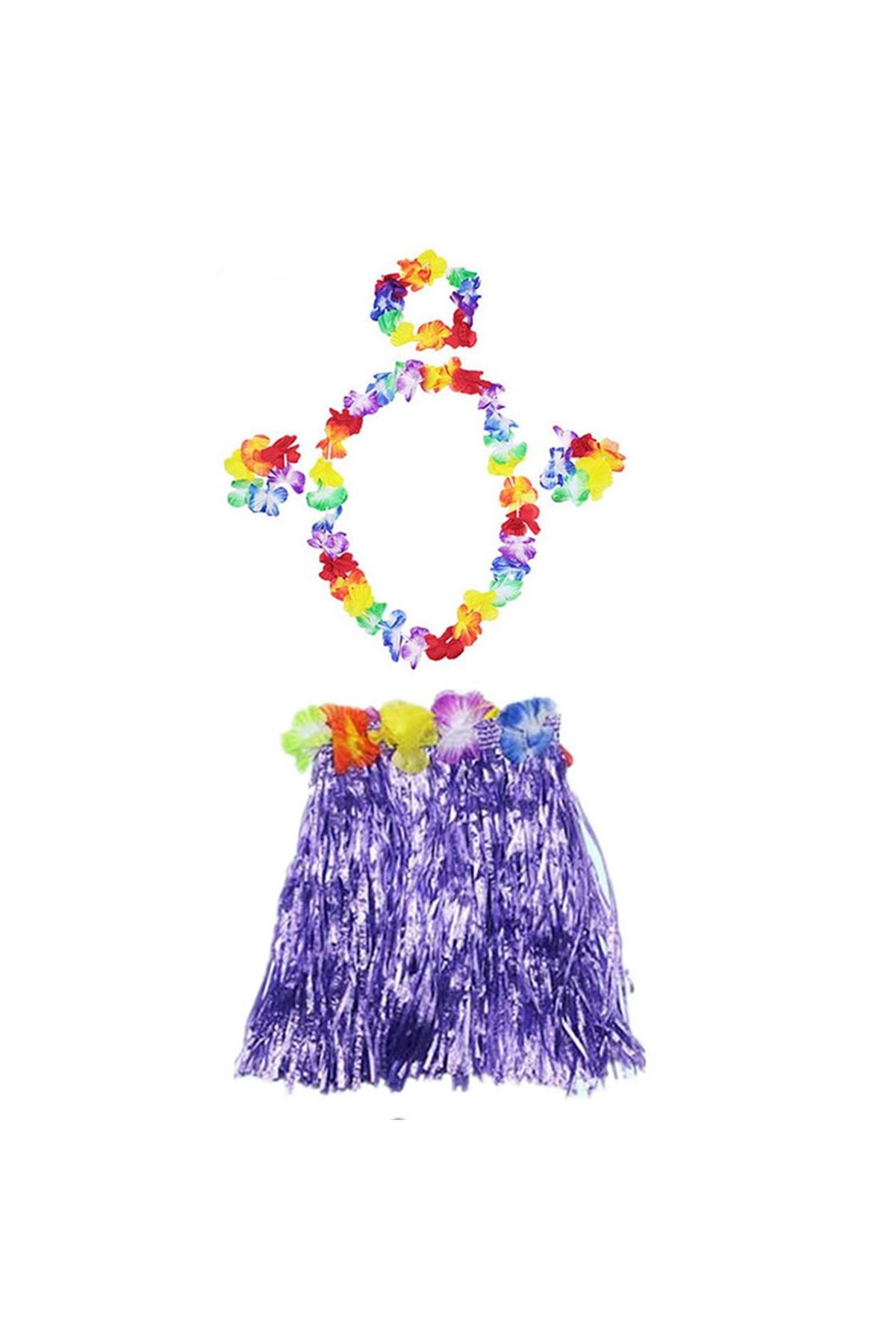 Havaii Kolye Etek Taç ve Bileklik Seti Mor