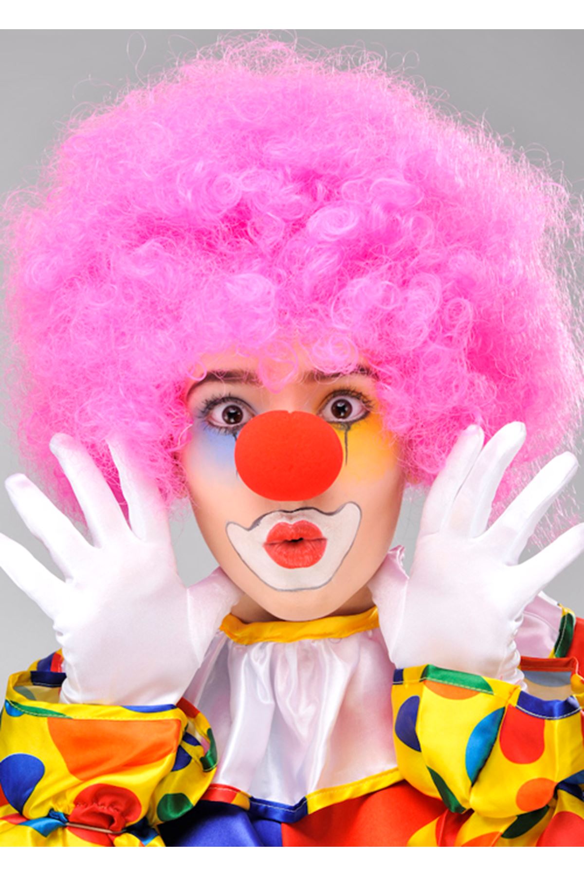 Pembe Renk Kıvırcık Bonus Peruk ve Kırmızı Burun Seti